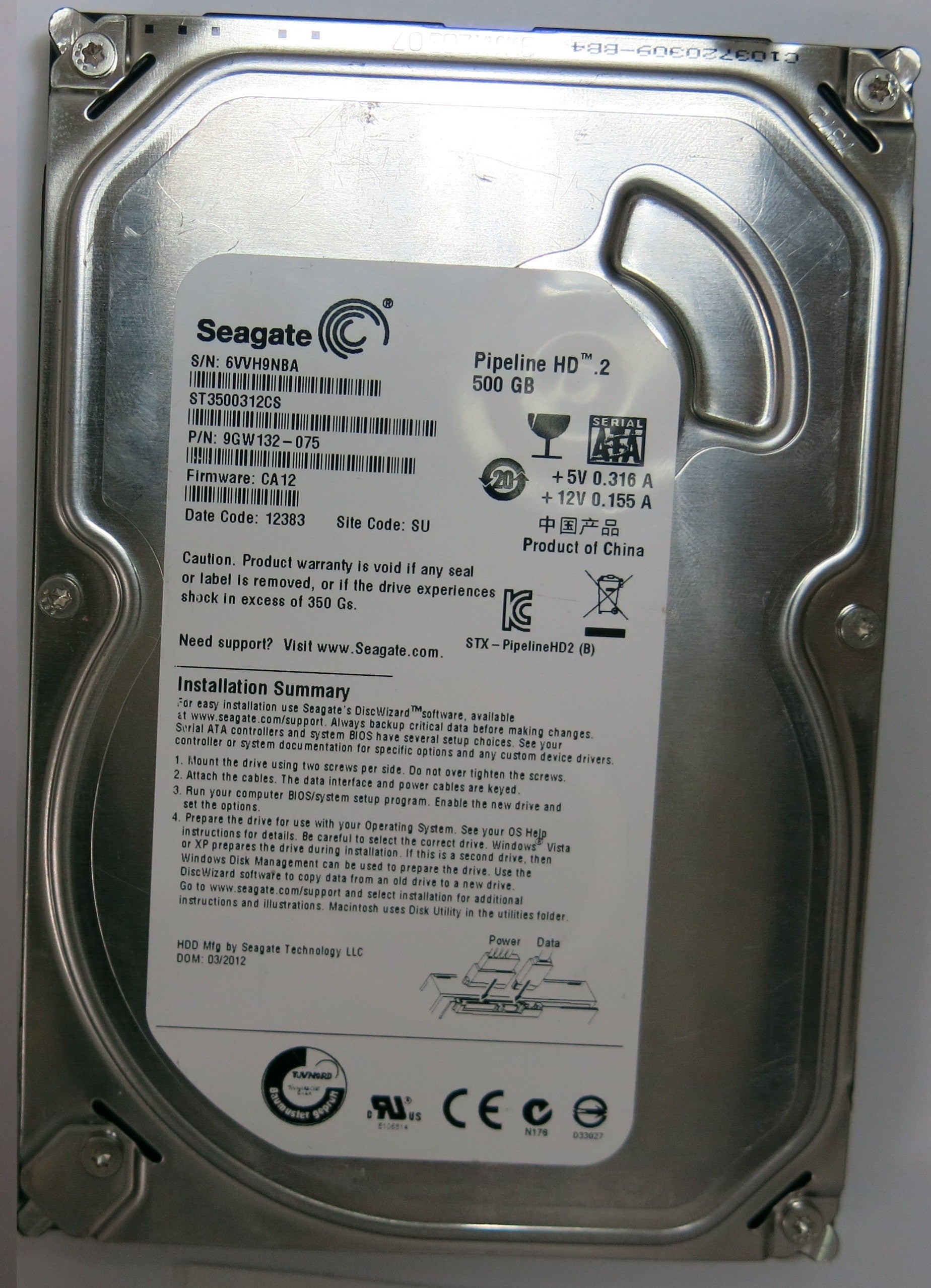 ST3500312CS PCB: 100535704 REV C SERIAL NUMBER: 6VVH9NBA PN 9GW132-075  FW CA12  500GB