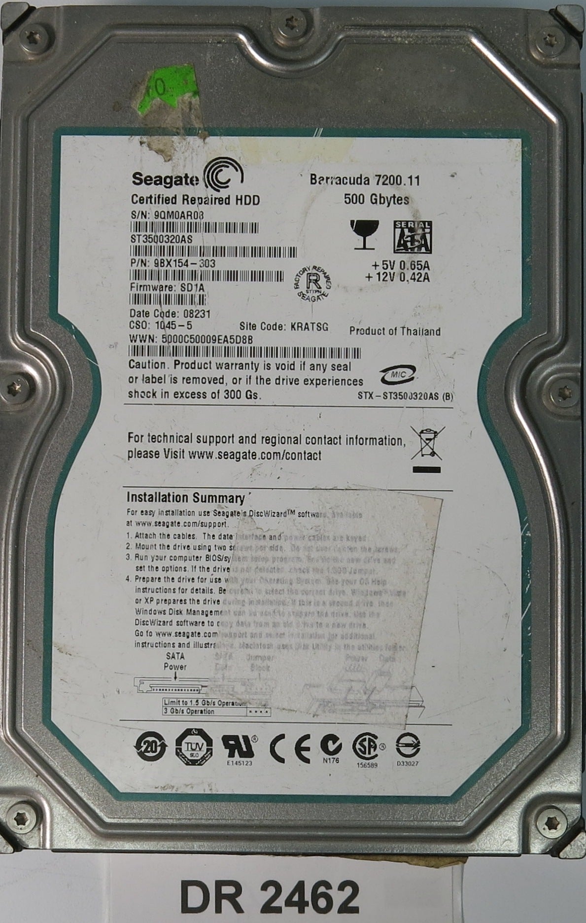 ST3500320AS, P/N: 9BX154-303, FW: SD1A, Serial: 9QM0AR08, 500GB 3.5, PCB: 100466725 REV A