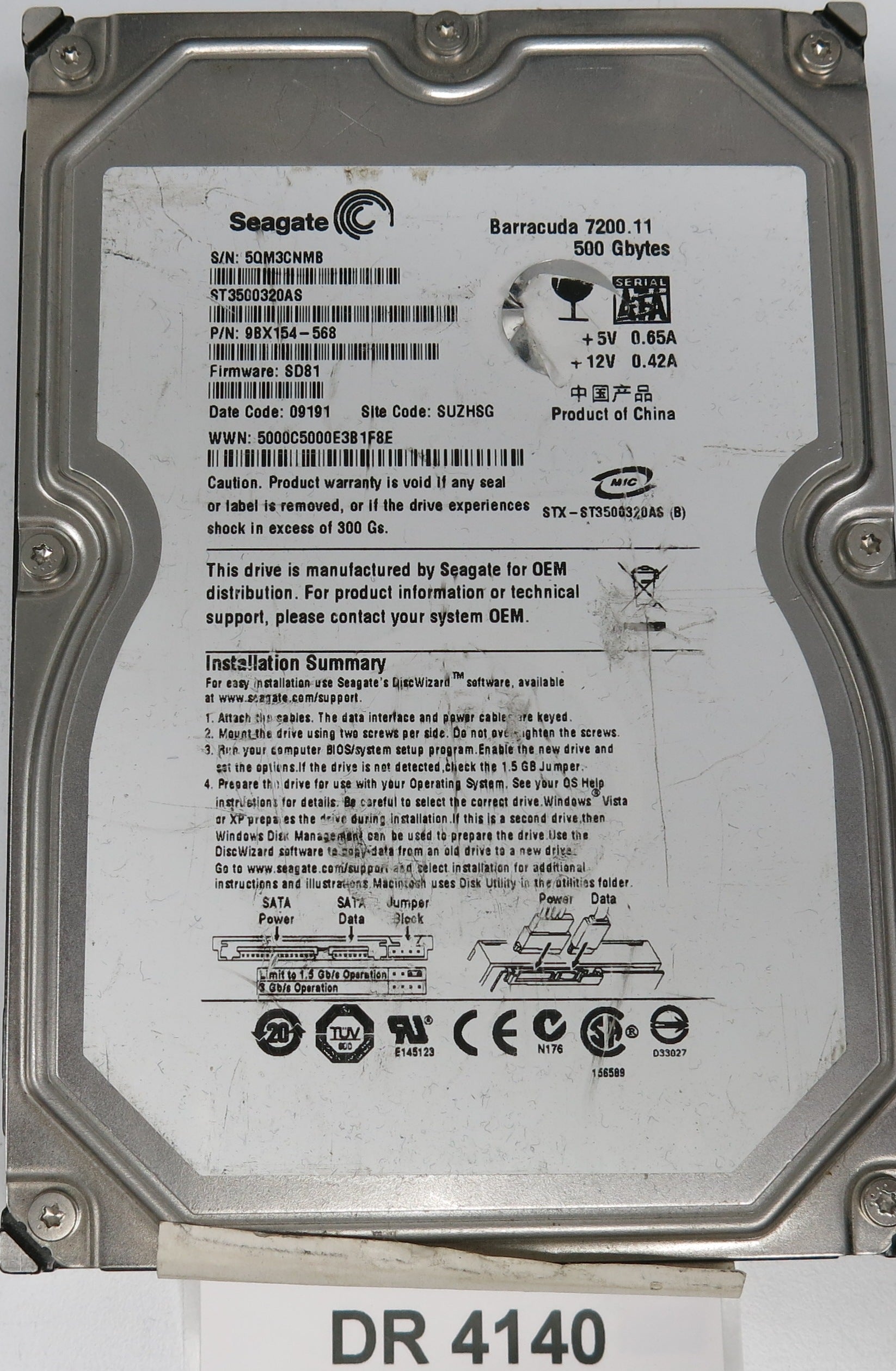 ST3500320AS, P/N: 9BX154-568, FW: SD81, Serial: 5QM3NMB, 500GB 3.5, PCB: 100466725 REV