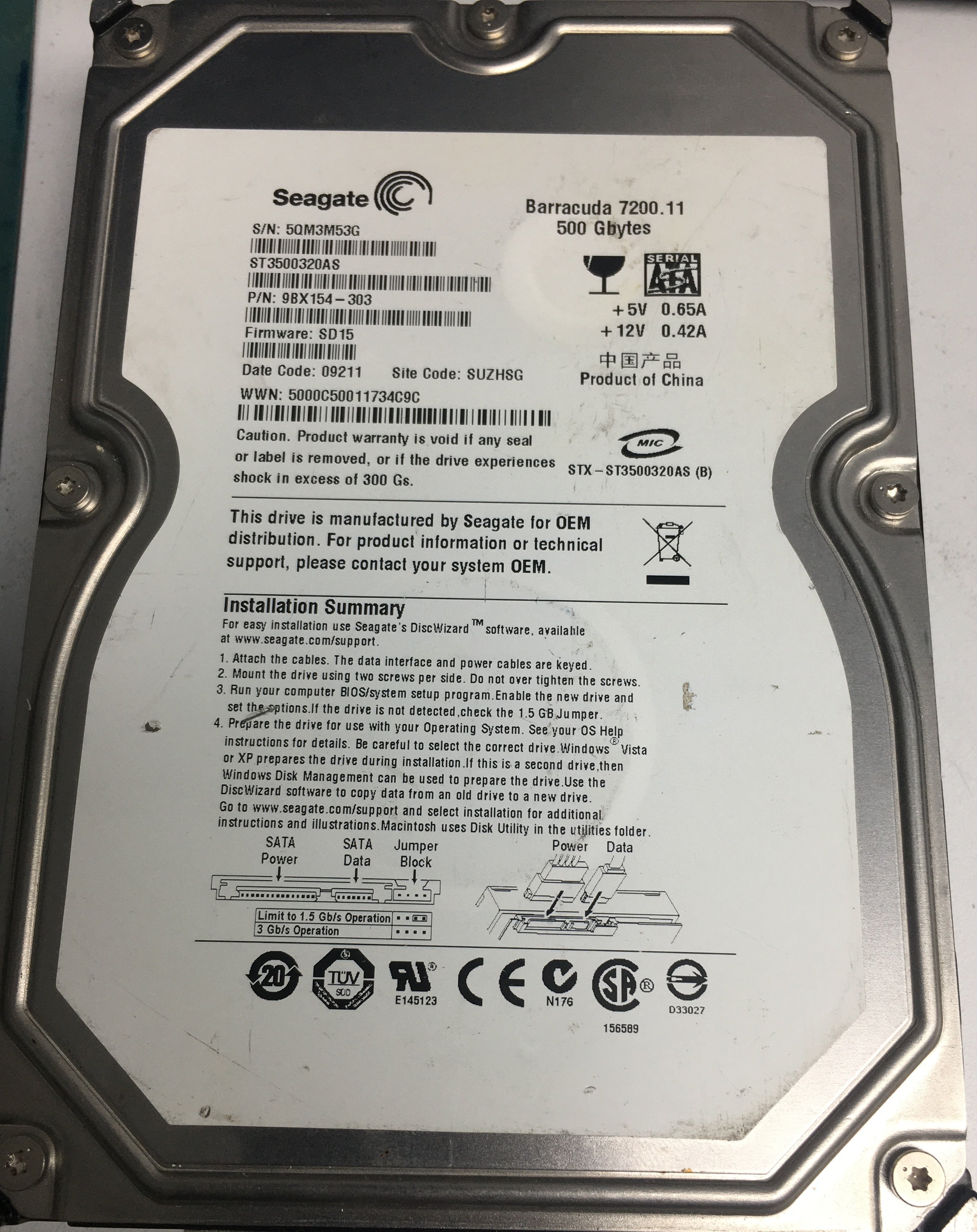 ST3500320AS, P/N: 9BX15A-303, FW: SD15, Serial: 5QM3M53G, 500GB 3.5, PCB: 100466725 REV A