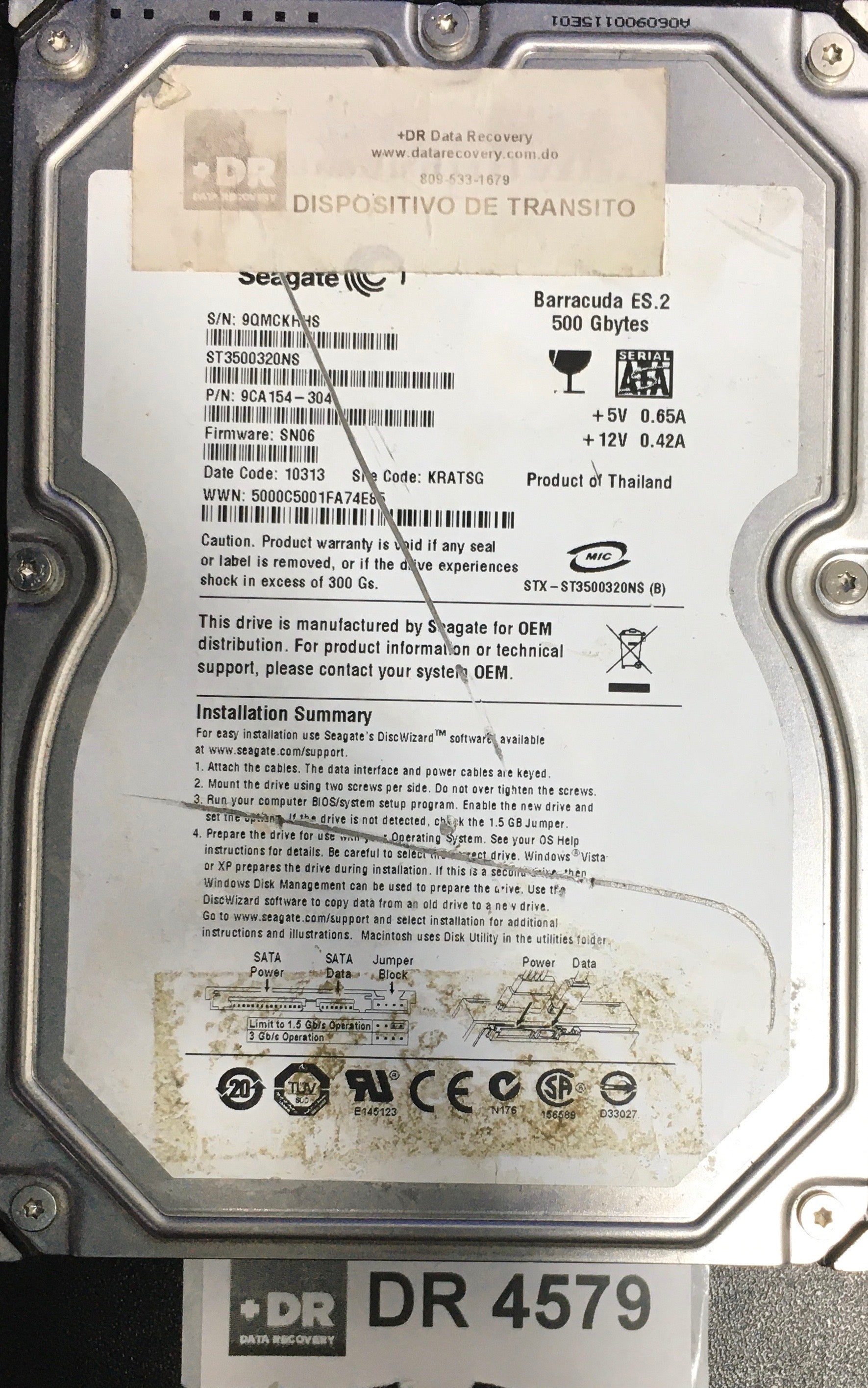 ST3500320NS,  P/N: 9CA154-304,  FW: SN06,  Serial: 9QMCKHHS,  500GB 3.5  PCB:100475720- REV A