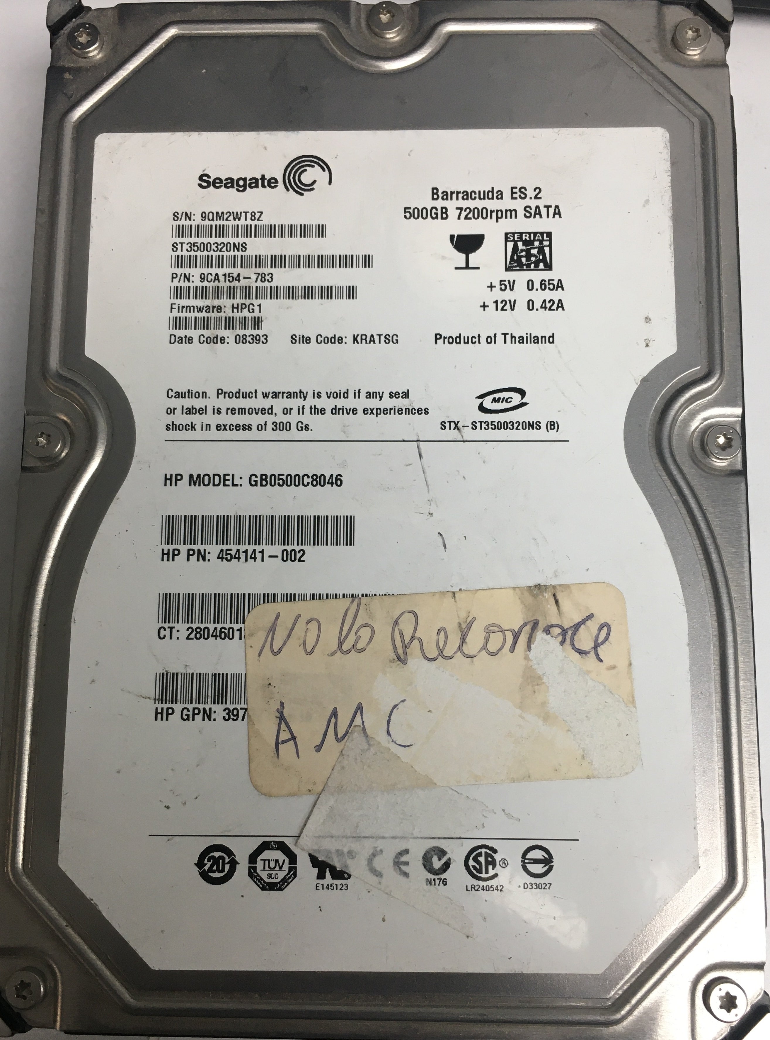 ST3500320NS, P/N: 9CA154-783, FW: HPG1, Serial: 9QM2WT8Z, 500GB 3.5