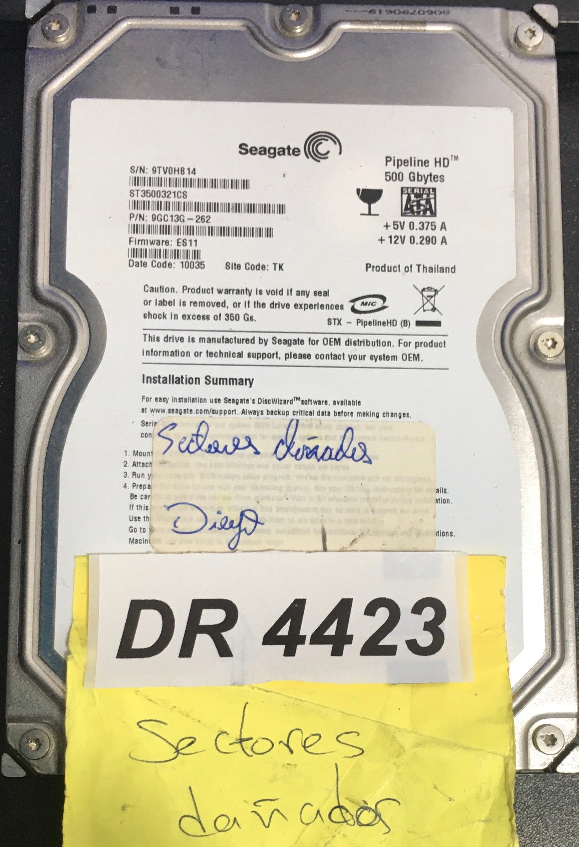 ST3500321CS P/N:  9GC13G-262  FW:ES11 Serial: 9TV0HB14  500GB 3.5  PCB: 100513697 REV A
