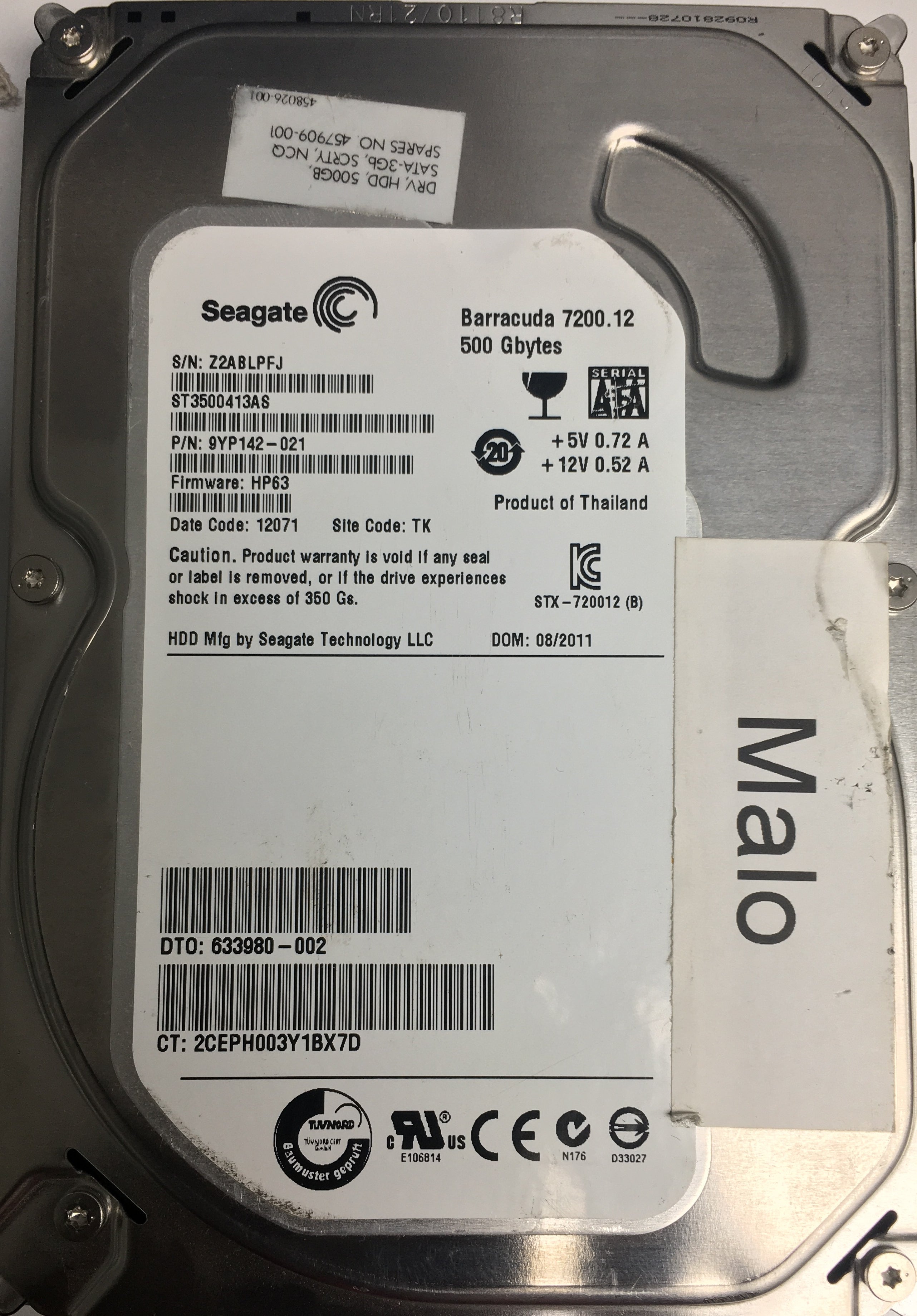 ST3500413AS P/N: 9YP142-021 FW: HP63 Serial: Z2ABLPFJ 500GB 3.5  PCB: 100535704  REV C