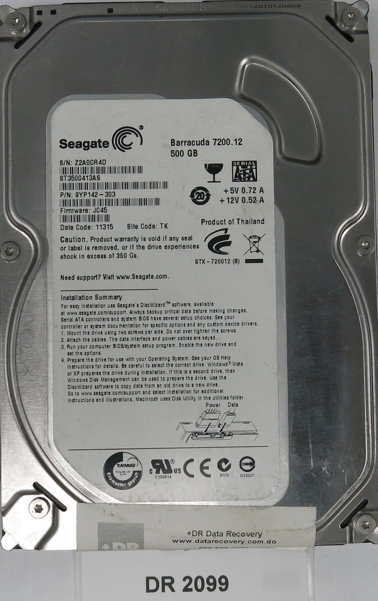 ST3500413AS, P/N: 9YP142-303, FW: JC45, Serial: Z2A0CR4D, 500GB 3.5, PCB: 100532367 REV B