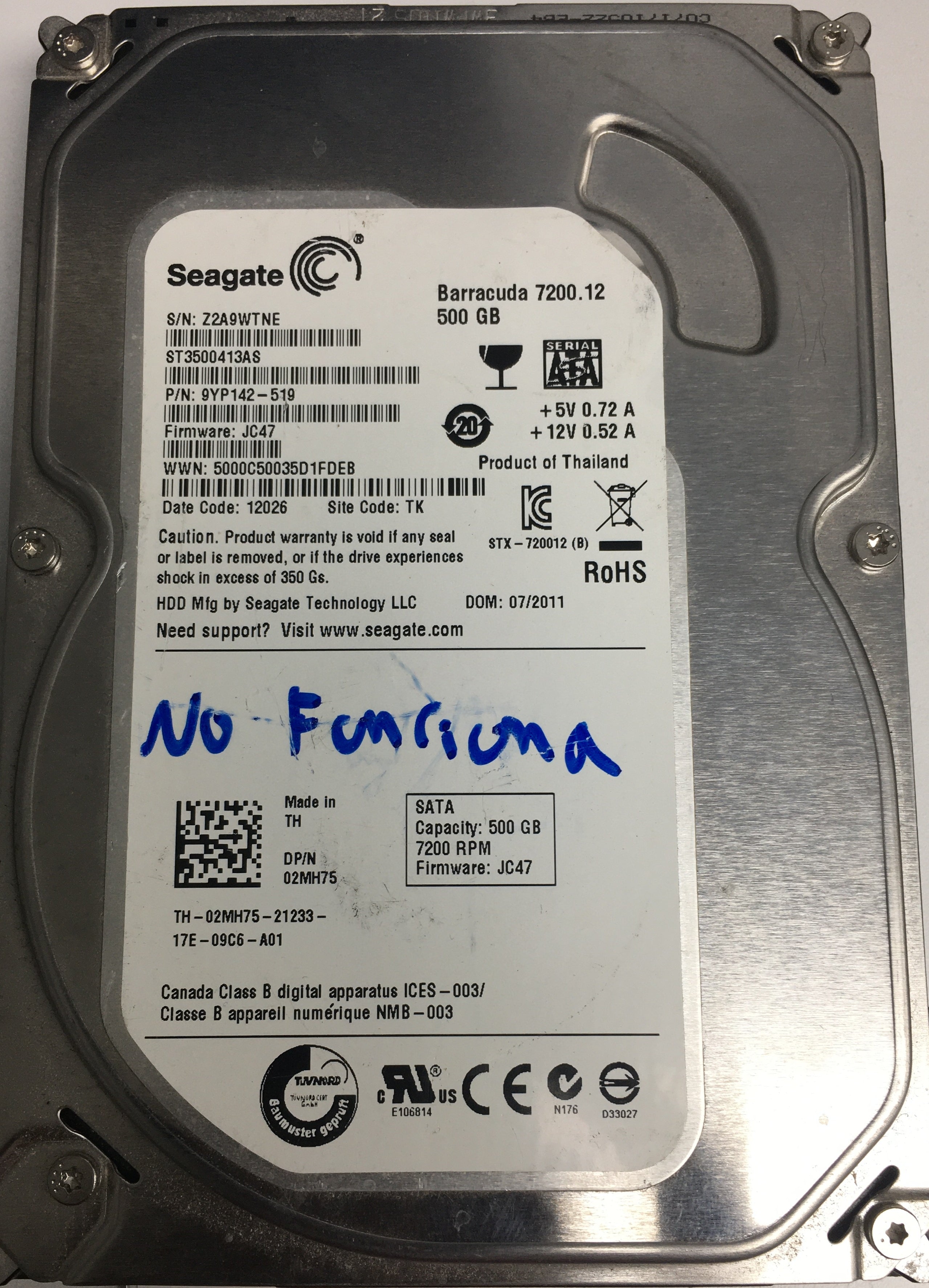 ST3500413AS P/N: 9YP142-519 FW: JC47 Serial: Z2A9WTNE 500GB 3.5  PCB: 100535704 REV C