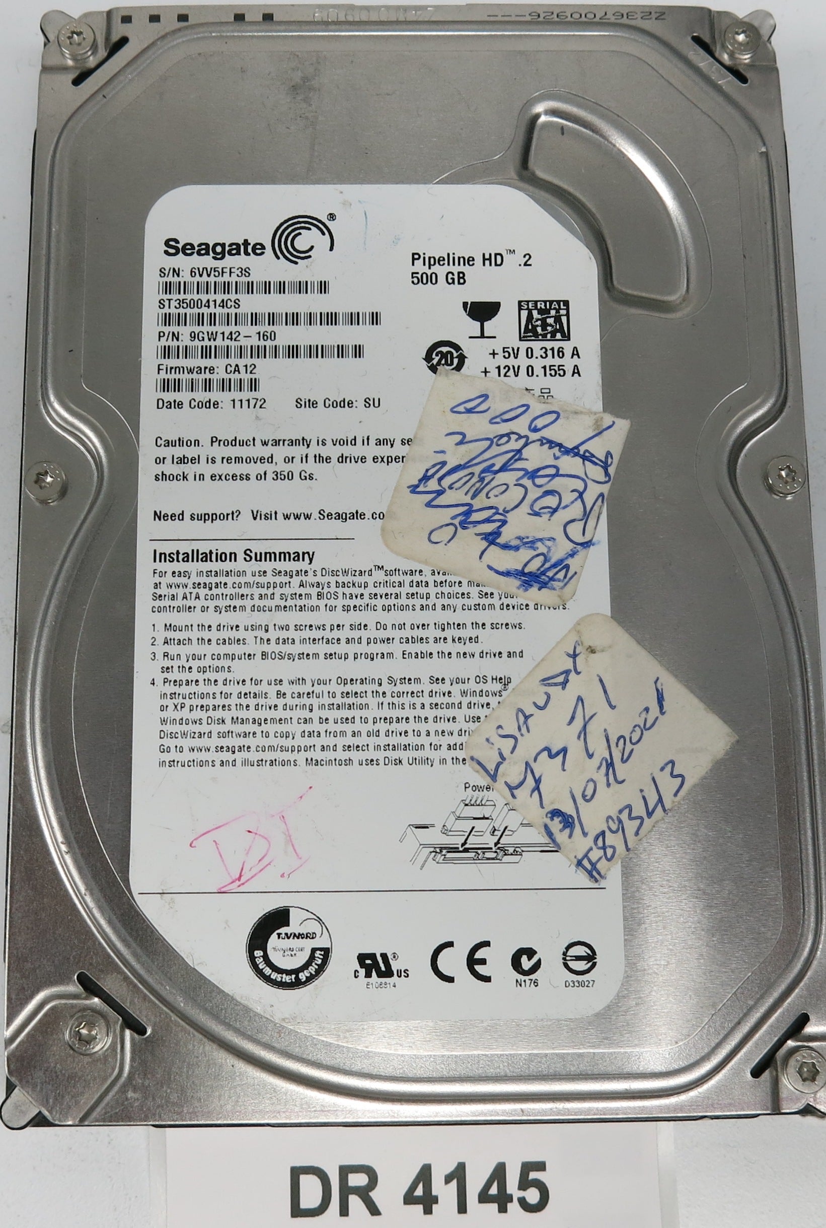 ST3500414CS, P/N: 9GW142-160, FW: CA12, Serial: 6VV5FF3S, 500GB 3.5, PCB: 100535704 REV B