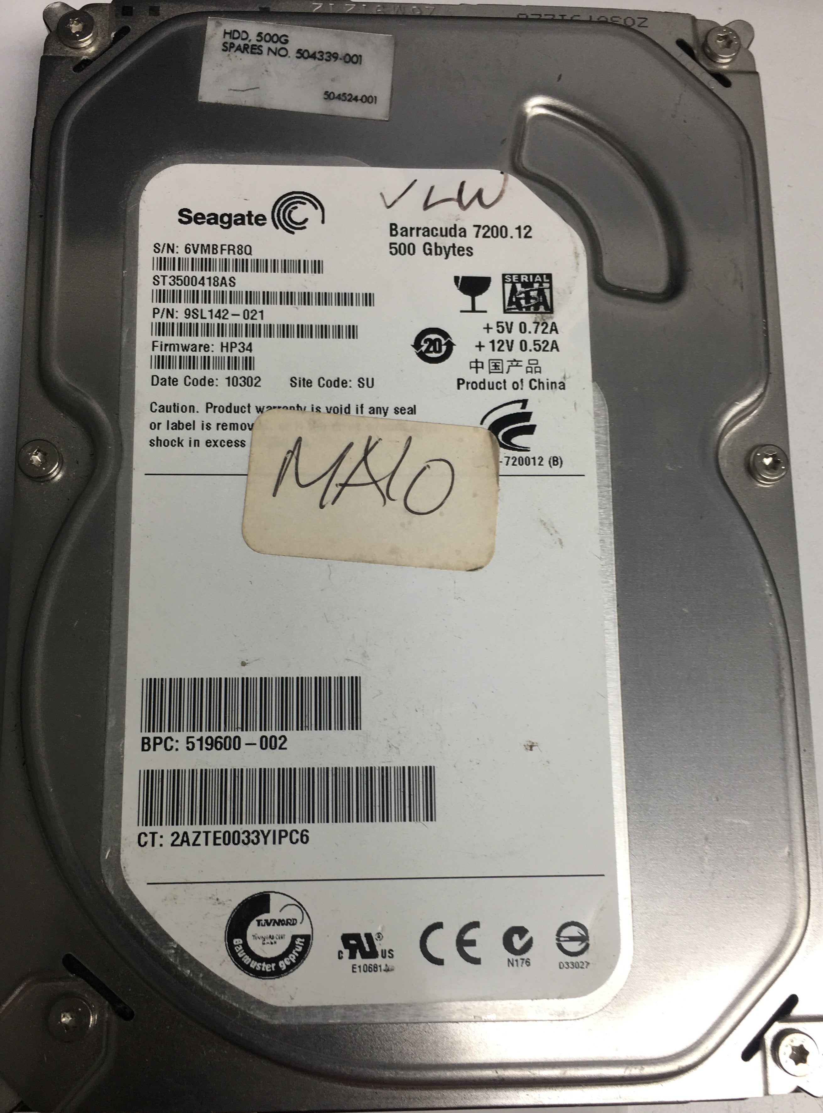 ST3500418AS P/N: 9SL142-021 FW: HP34 Serial: 6VMBFR8Q 500GB 3.5  PCB: 100535704  REV B