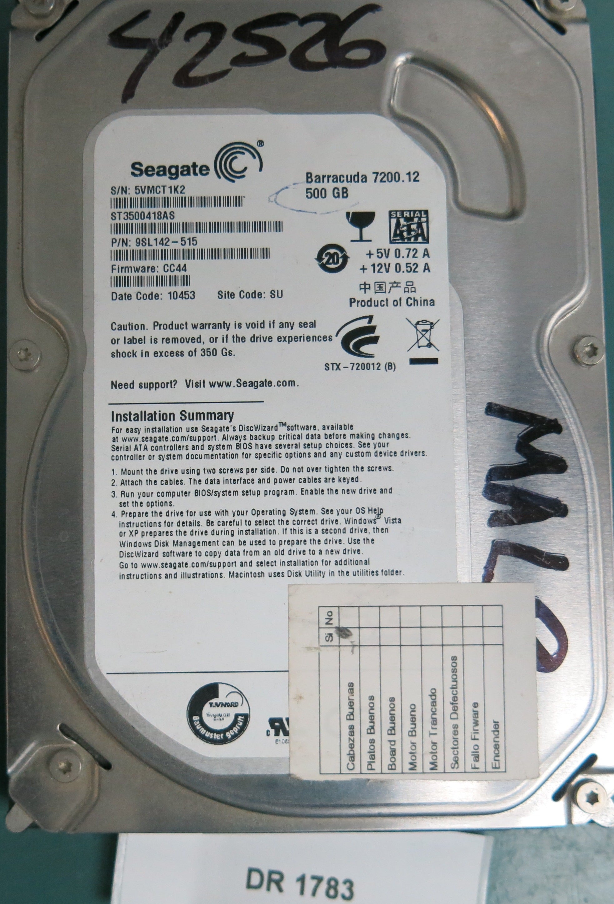 ST3500418AS, P/N: 9SL142-515, FW: CC44, Serial: 5VMCT1K2, 500GB 3.5