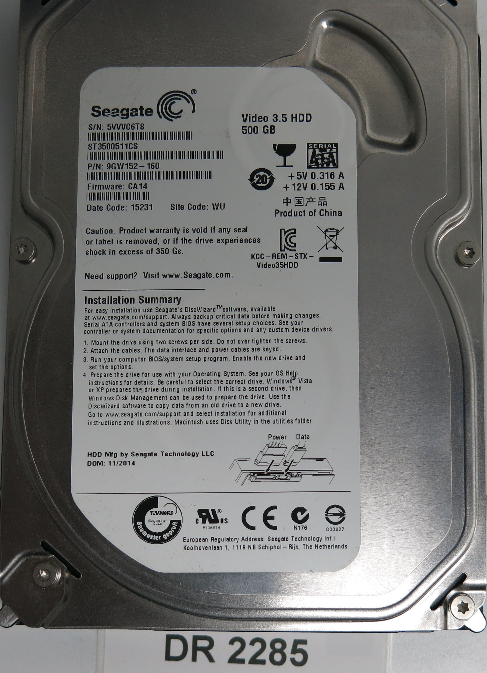 ST3500511CS, P/N: 9GW152-160, FW: CA14, Serial: 5VVVC6T8, 500GB 3.5, PCB: 100535704 REV C