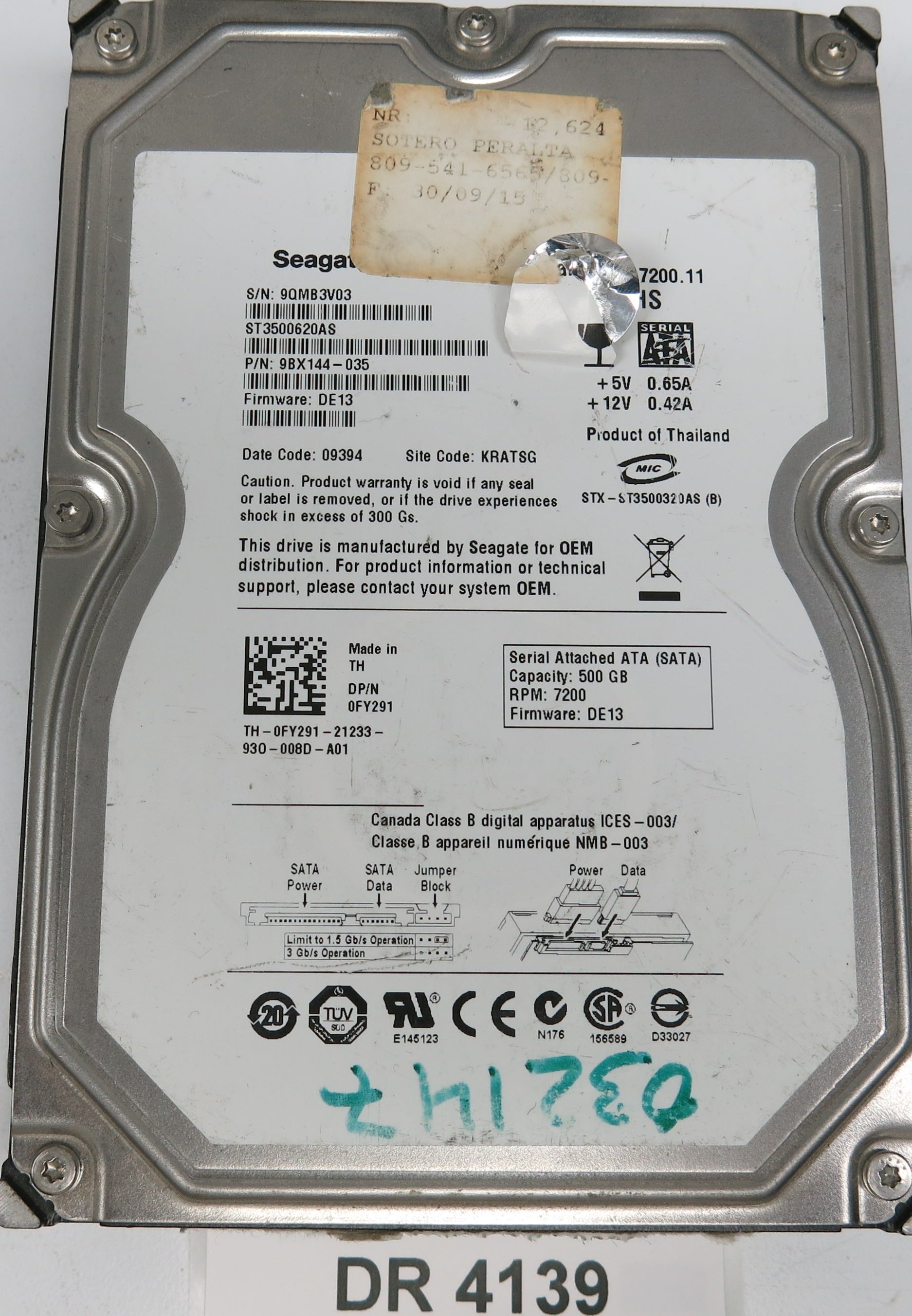 ST3500620AS, P/N: 9BX144-035, FW: DE13, Serial: 9QMB3V03, 500GB 3.5, PCB: 100466725 REV A
