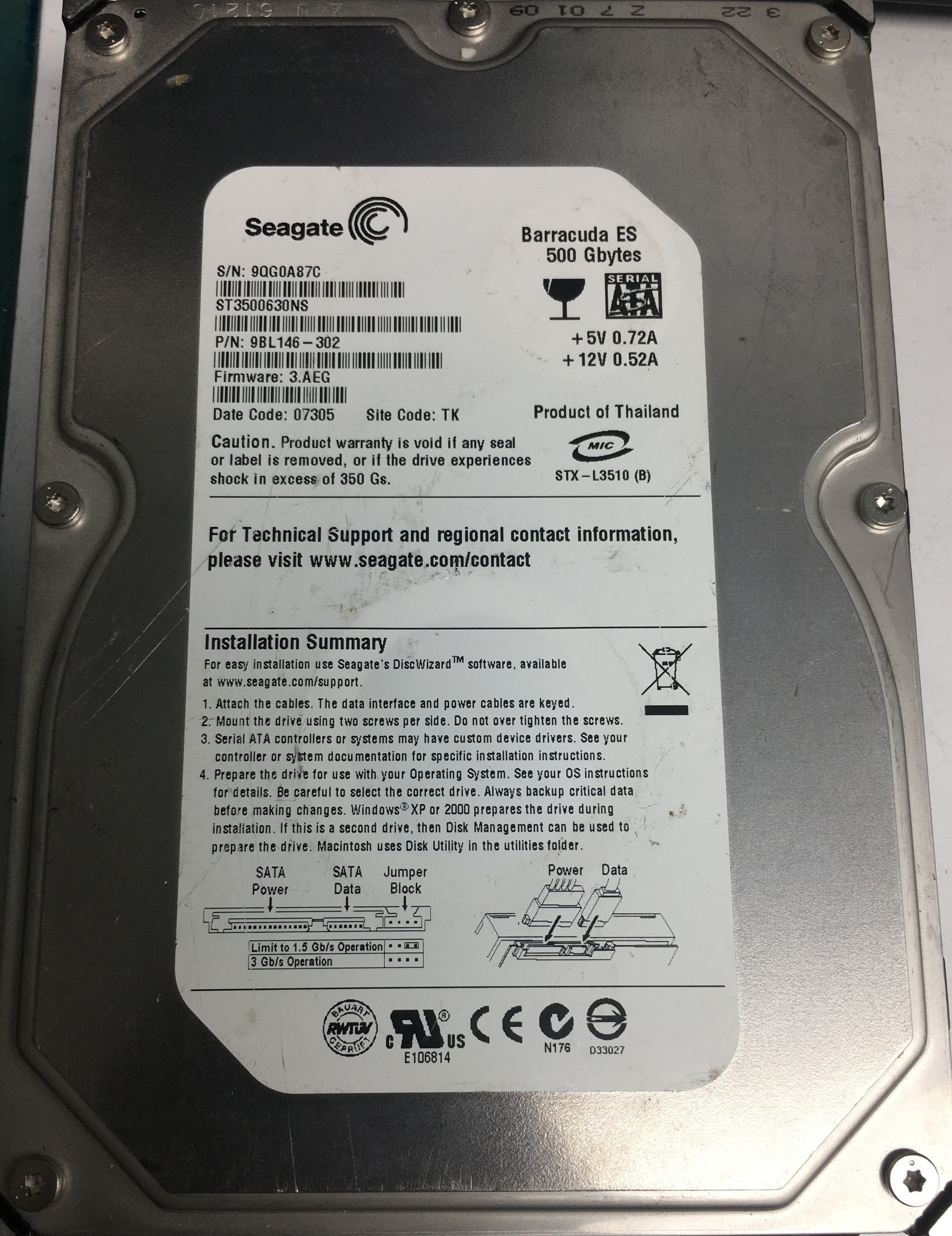 ST3500630NS, P/N: 9BL146-302, FW: 3.AEG, Serial: 9QG0A87C, 500GB 3.5