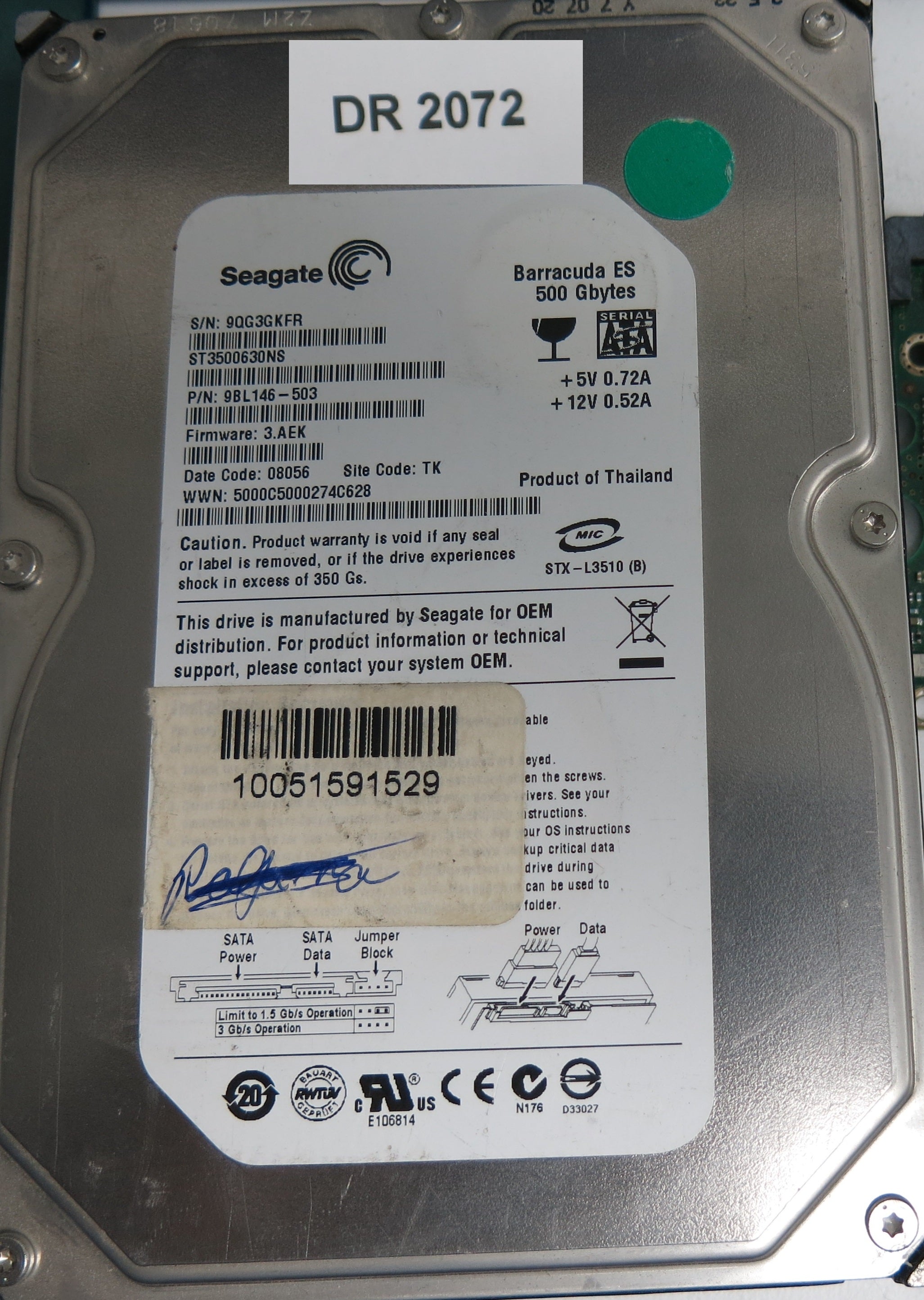 ST3500630NS, P/N: 9BL146-503, FW: 3.AEK, Serial: 9QG3GKFR, 500GB 3.5