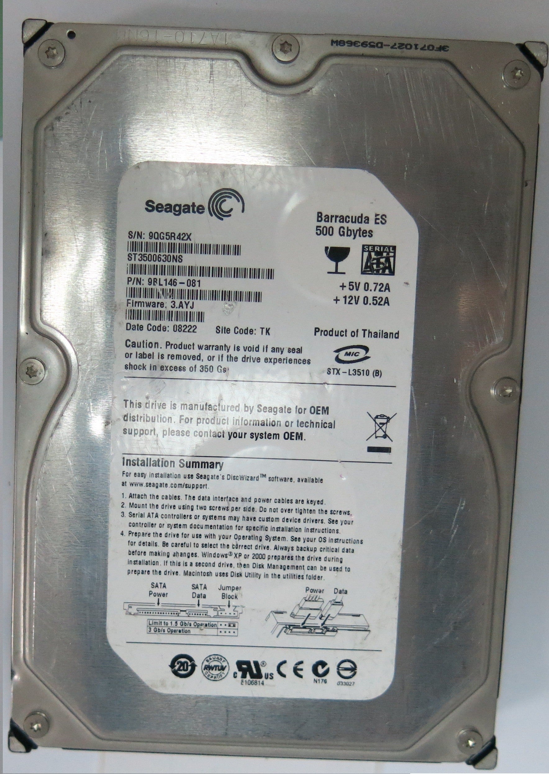 ST3500630NS PCB: 100406533 REV A SERIAL NUMBER: 9QG5R42X PN 9BL146-081 FW 3.AYJ 500GB