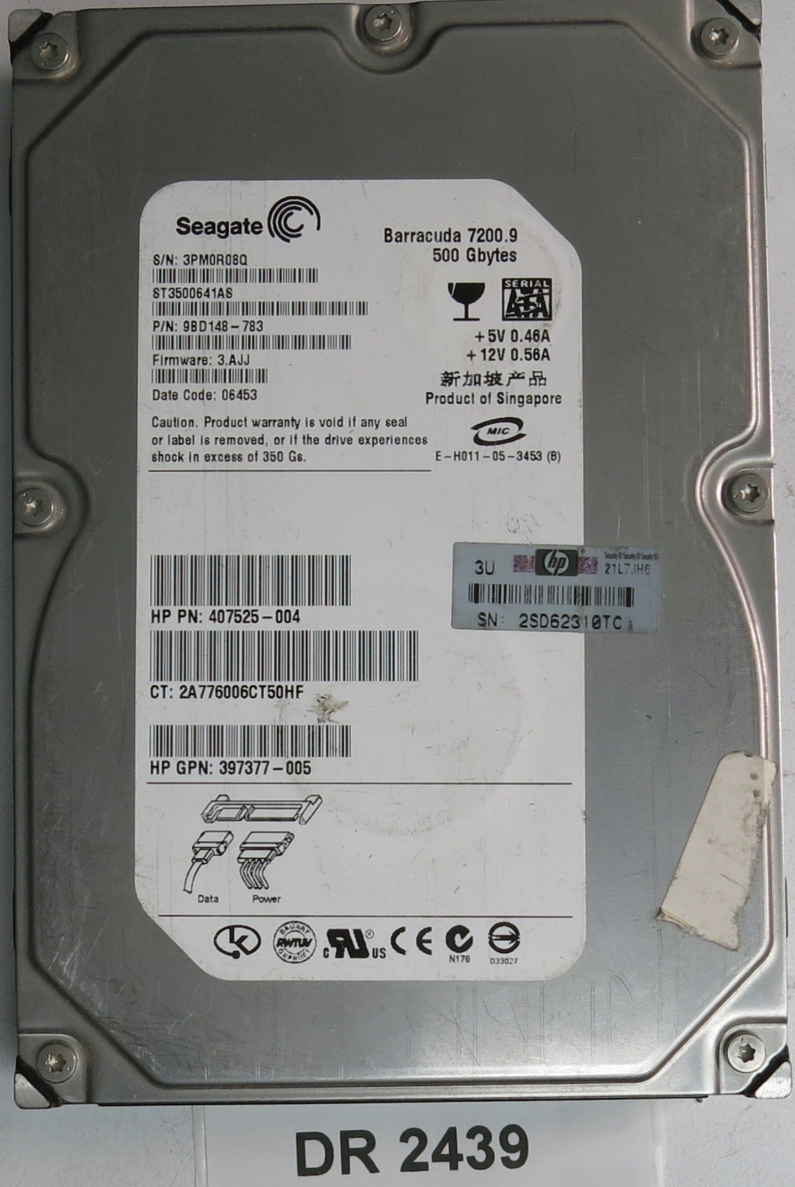 ST3500641AS, P/N: 9BD148-783, FW: 3.AJJ, Serial: 3PM0R08Q, 500GB 3.5, PCB: 100383395 REV B