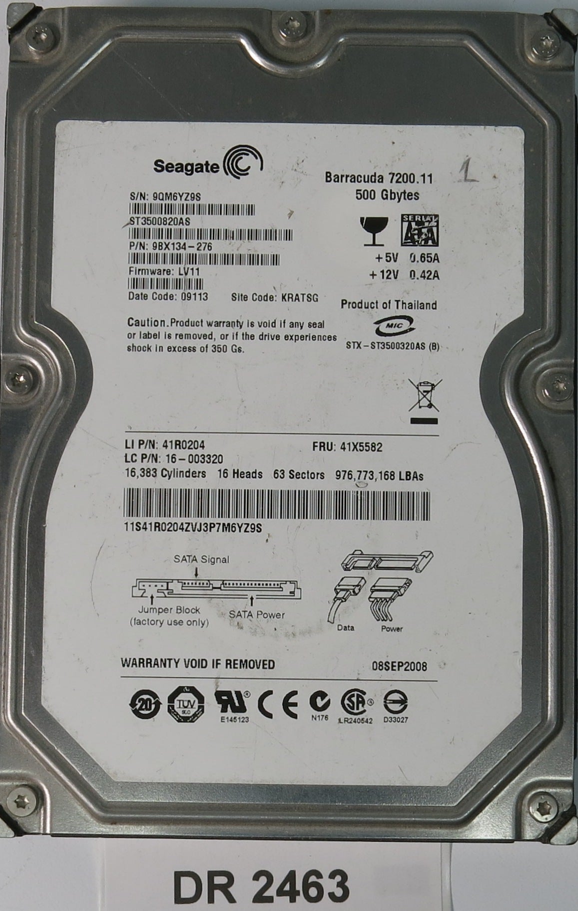 ST3500820AS P/N: 9BX134-276, FW: LV11, Serial: 9QM6YZ9S, 500GB 3.5, PCB: 100466725 REV A