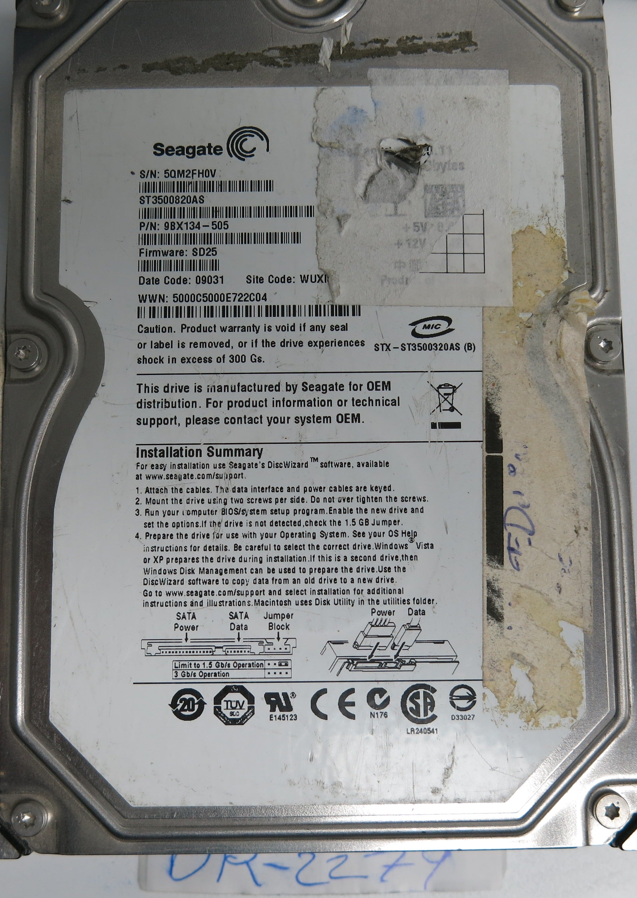 ST3500820AS, P/N: 9BX134-505, FW: SD25, Serial: 5QM2FH0V, 500GB 3.5, PCB: 100466725REV A