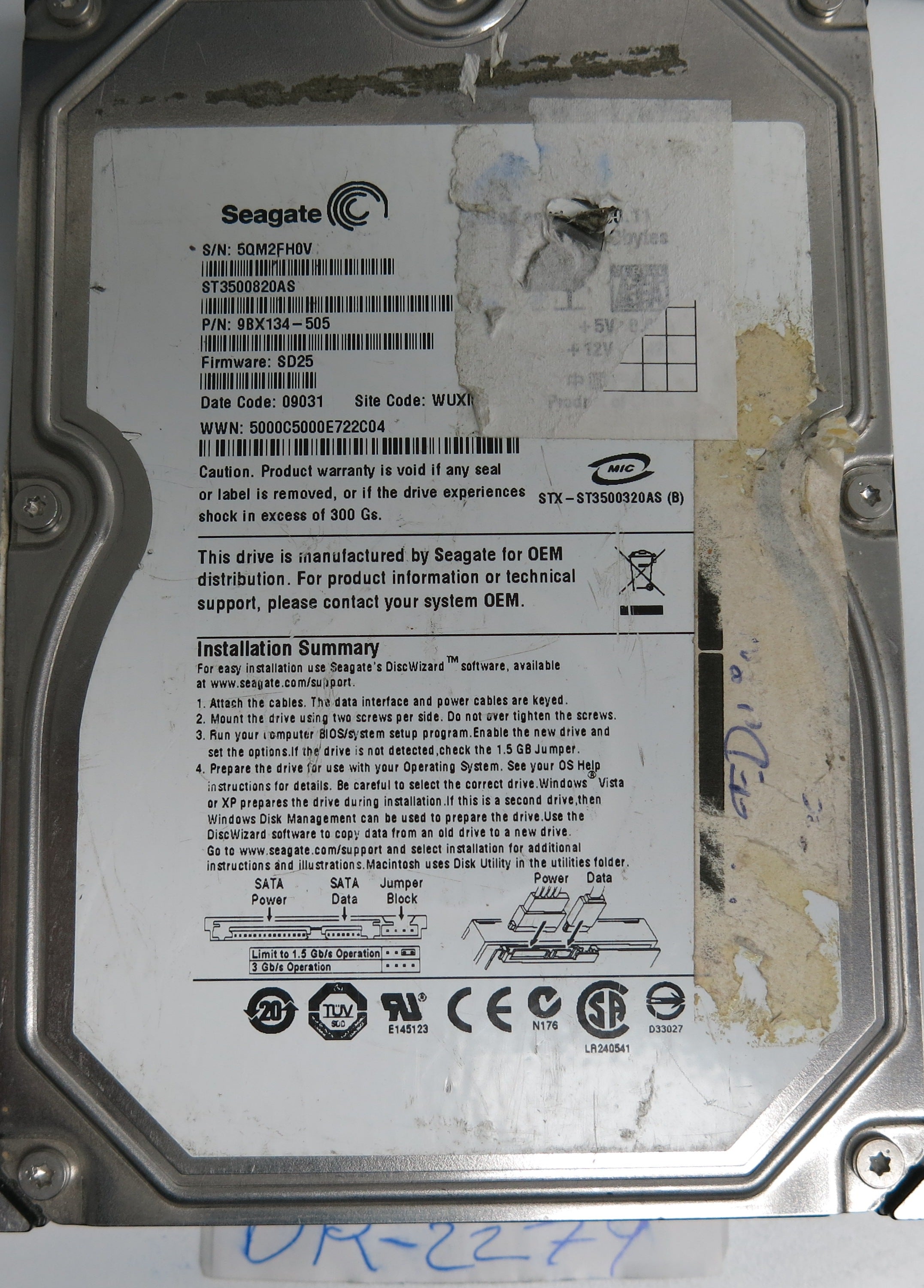 ST3500820AS, P/N: 9BX134-505, FW: SD25, Serial: 5QM2FH0V