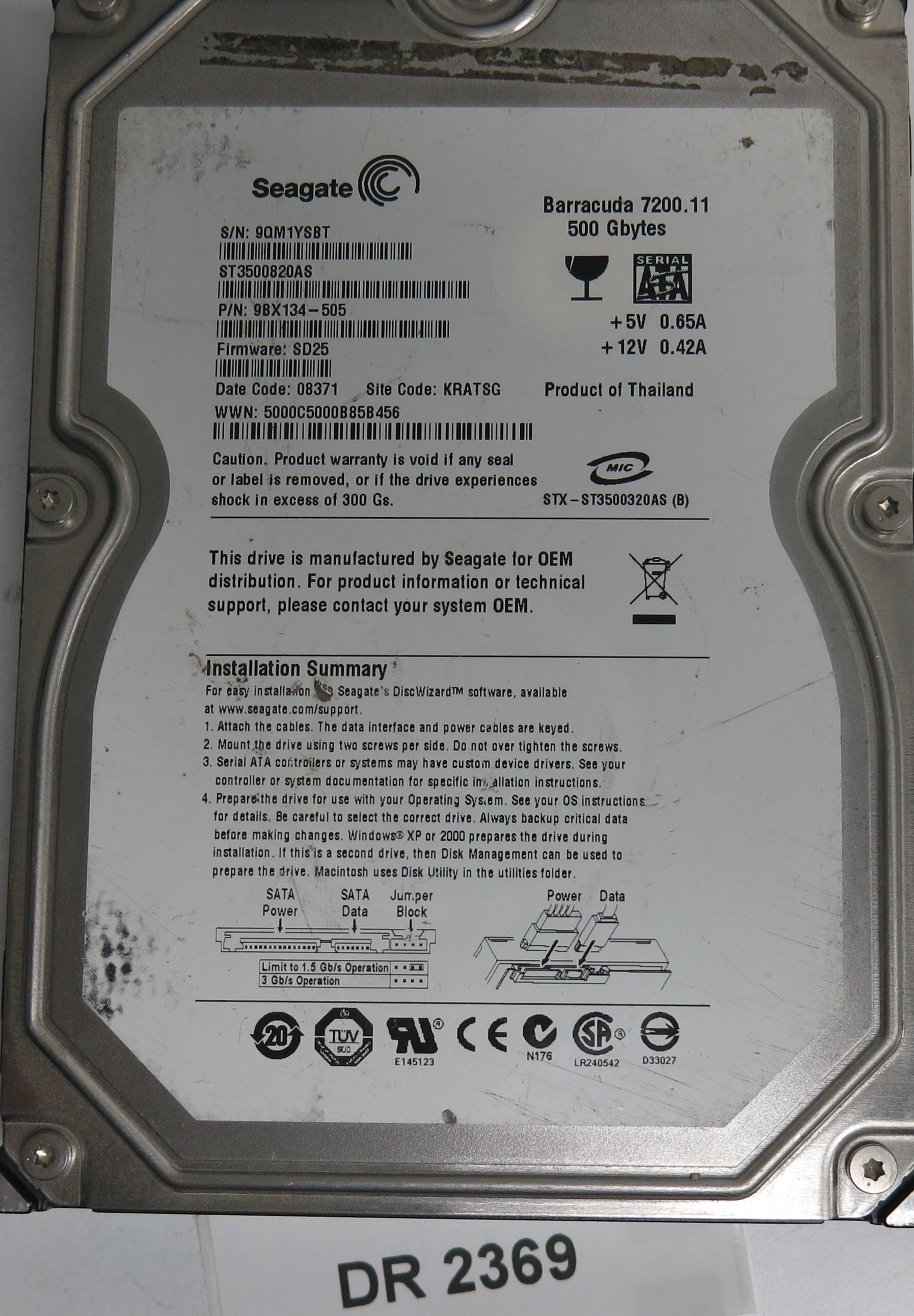 ST3500820AS, P/N: 9BX134-5605, FW: SD25, Serial:9QM1YSBT, 500GB 3.5