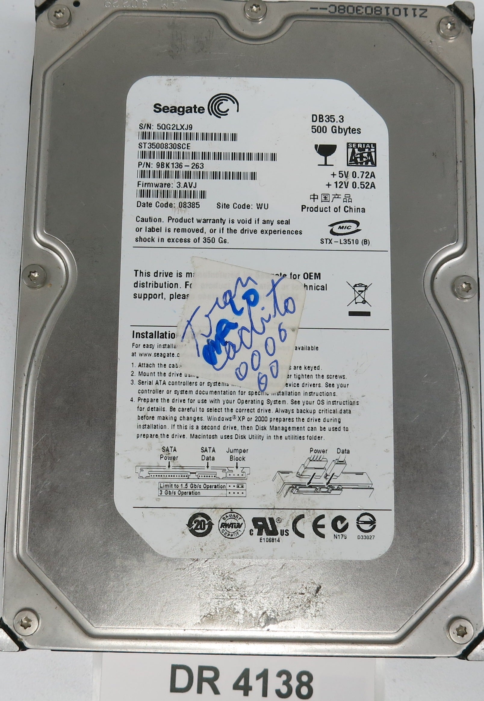 ST3500830SCE, P/N: 9BK136-263, FW: 3.AVJ, Serial: 5QG2LXJ9, 500GB 3.5, PCB: 100406937 REV B