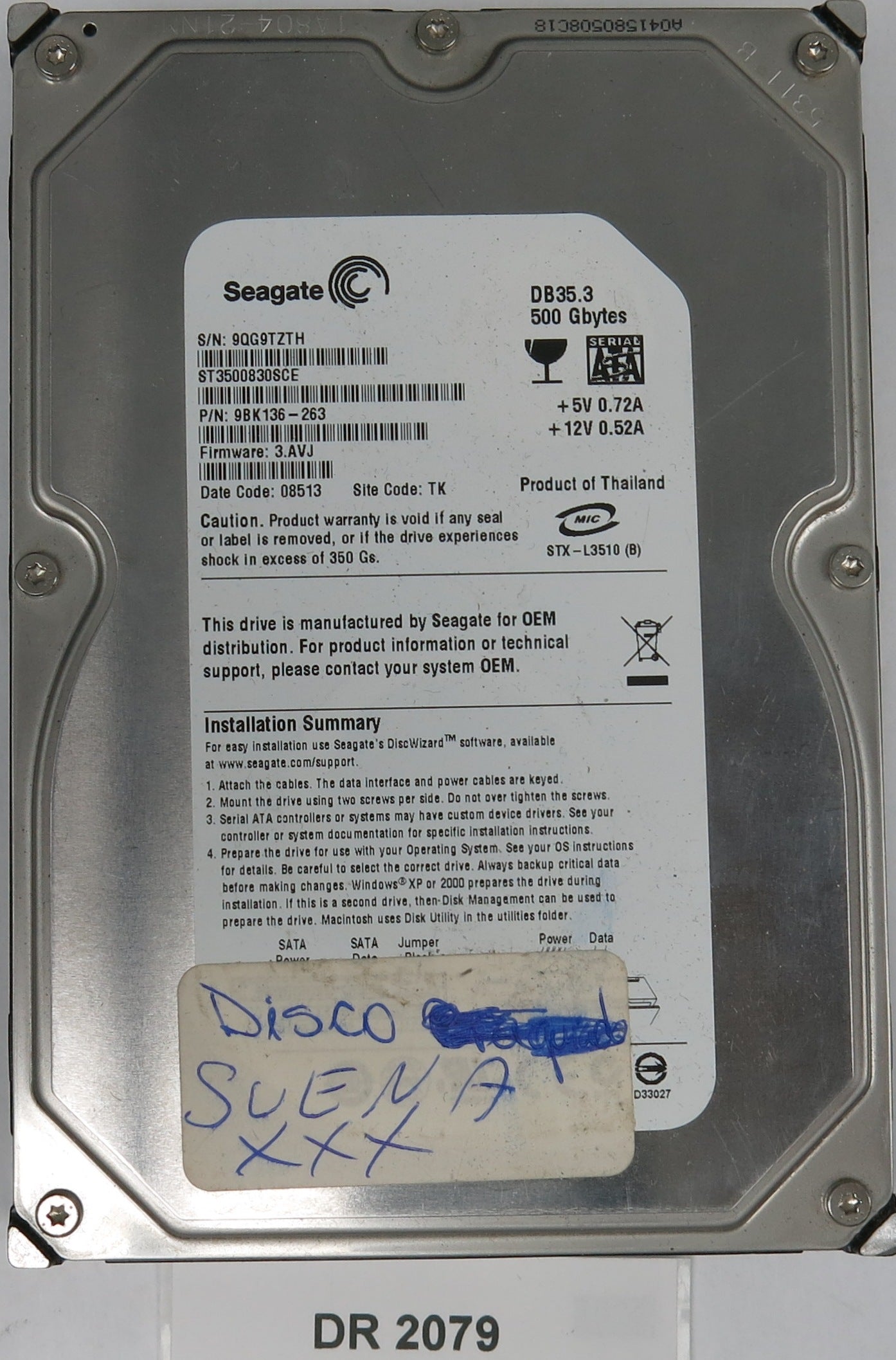 ST3500830SCE, P/N: 9BK136-263, FW: 3.AVJ, Serial: 9QG9TZTH, 5000GB 3.5 , PCB: 100406937 REV B