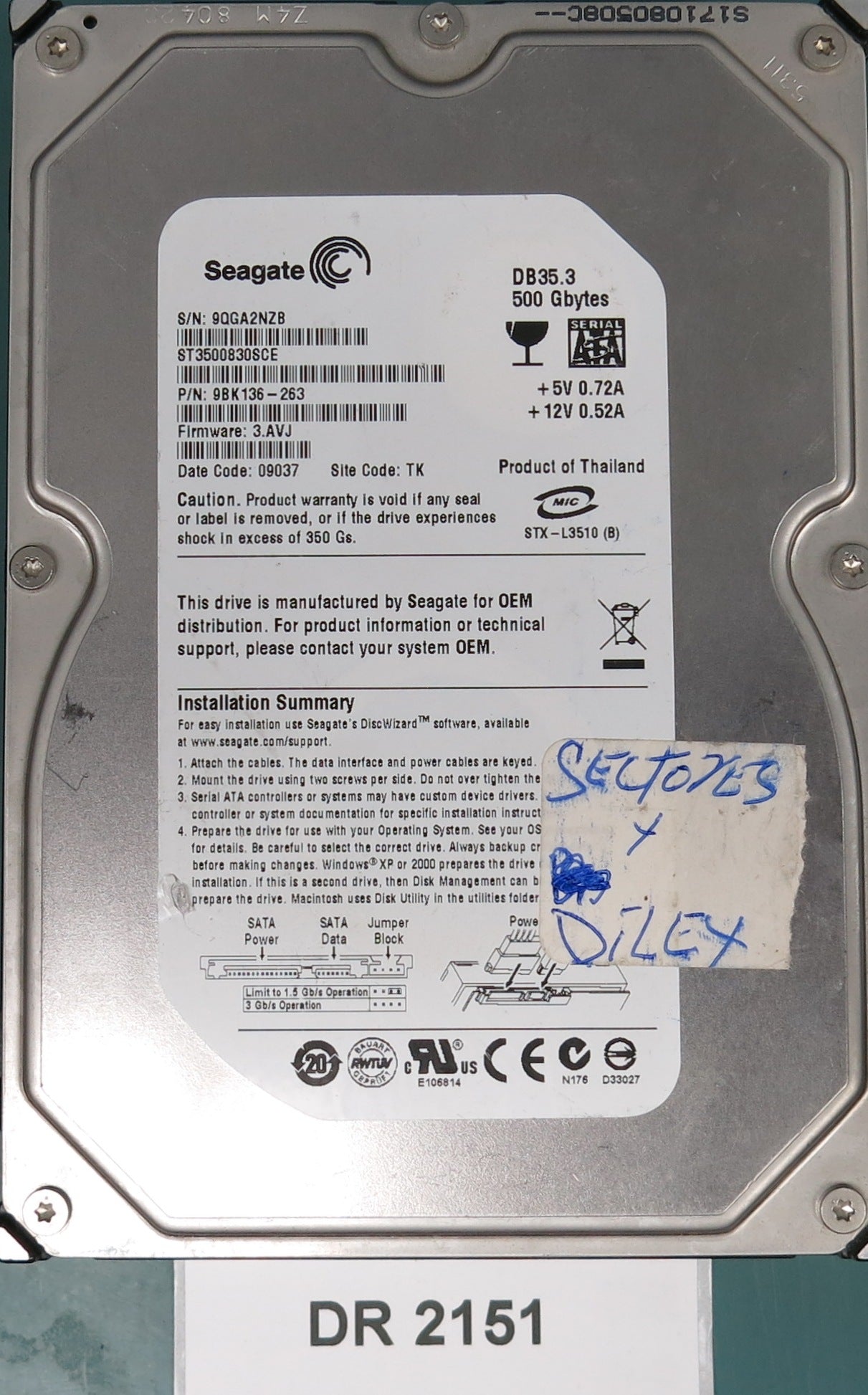 ST3500830SCE, P/N: 9BK136-263, FW: 3.AVJ, Serial: 9QGA2NZB, 500GB 3.5, PCB: 100406937 REV B