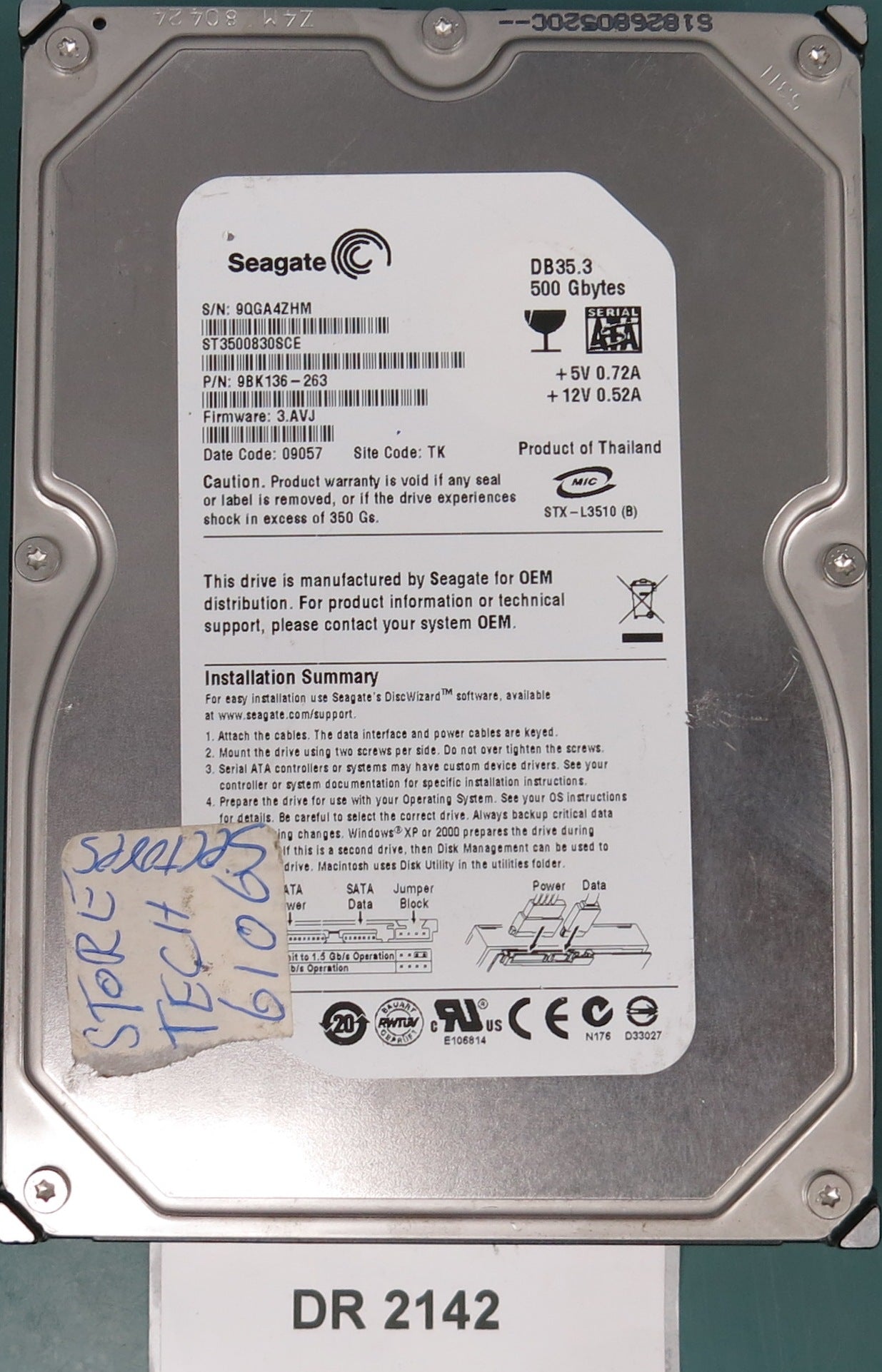 ST3500830SCE, P/N: 9BK136-263, FW: 3.AVJ, Serial:9QGA4ZHM, 500GB 3.5, PCB: 100406937 REV B