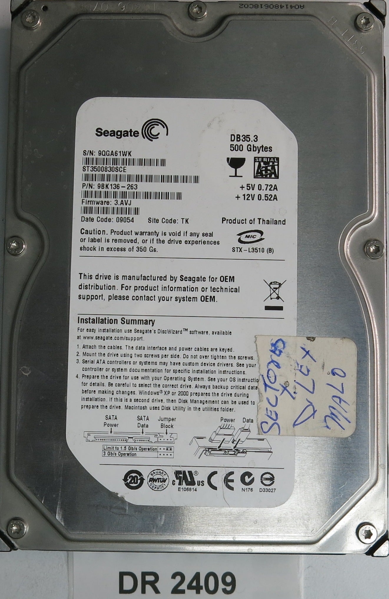 ST3500830SCE, P/N: 9BK136-263, FW: 3.AVJ, Serial: 9QGA61WK, 500GB 3.5, PCB: 100466937 REV B