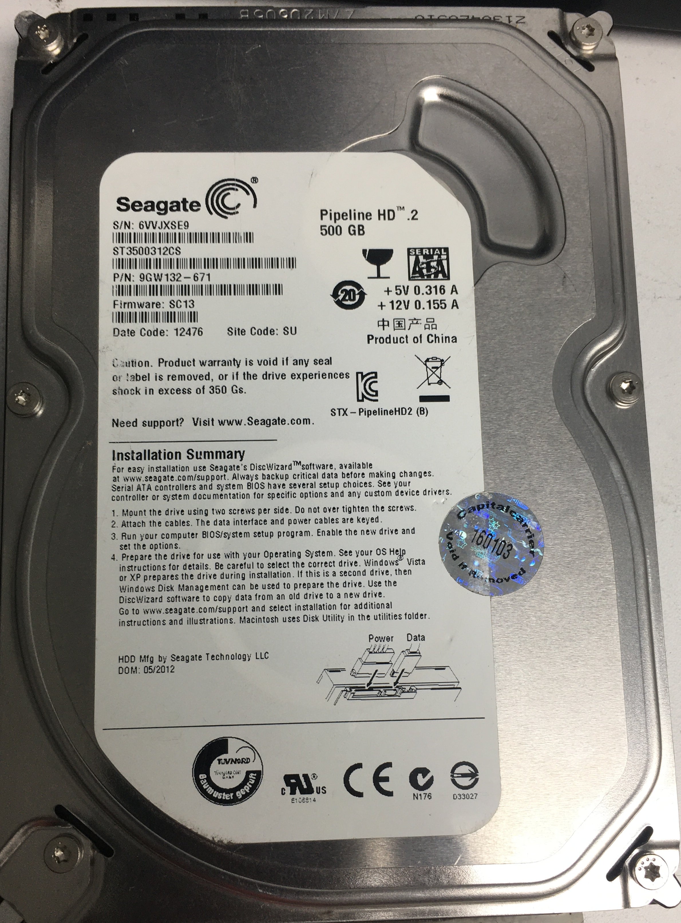 ST350312CS, P/N: 9GW132-671, FW: SC13, Serial: 6VVJXSE9, 500GB 3.5, PCB: 100535704 REV C