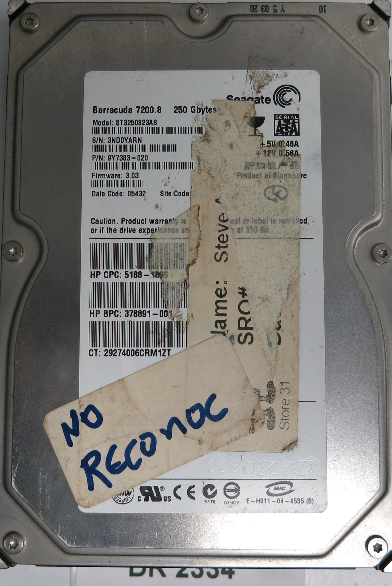 ST350823AS, P/N: 9Y7383-020, FW: 3.03, Serial: 3ND0YARN, 250GB 3.5