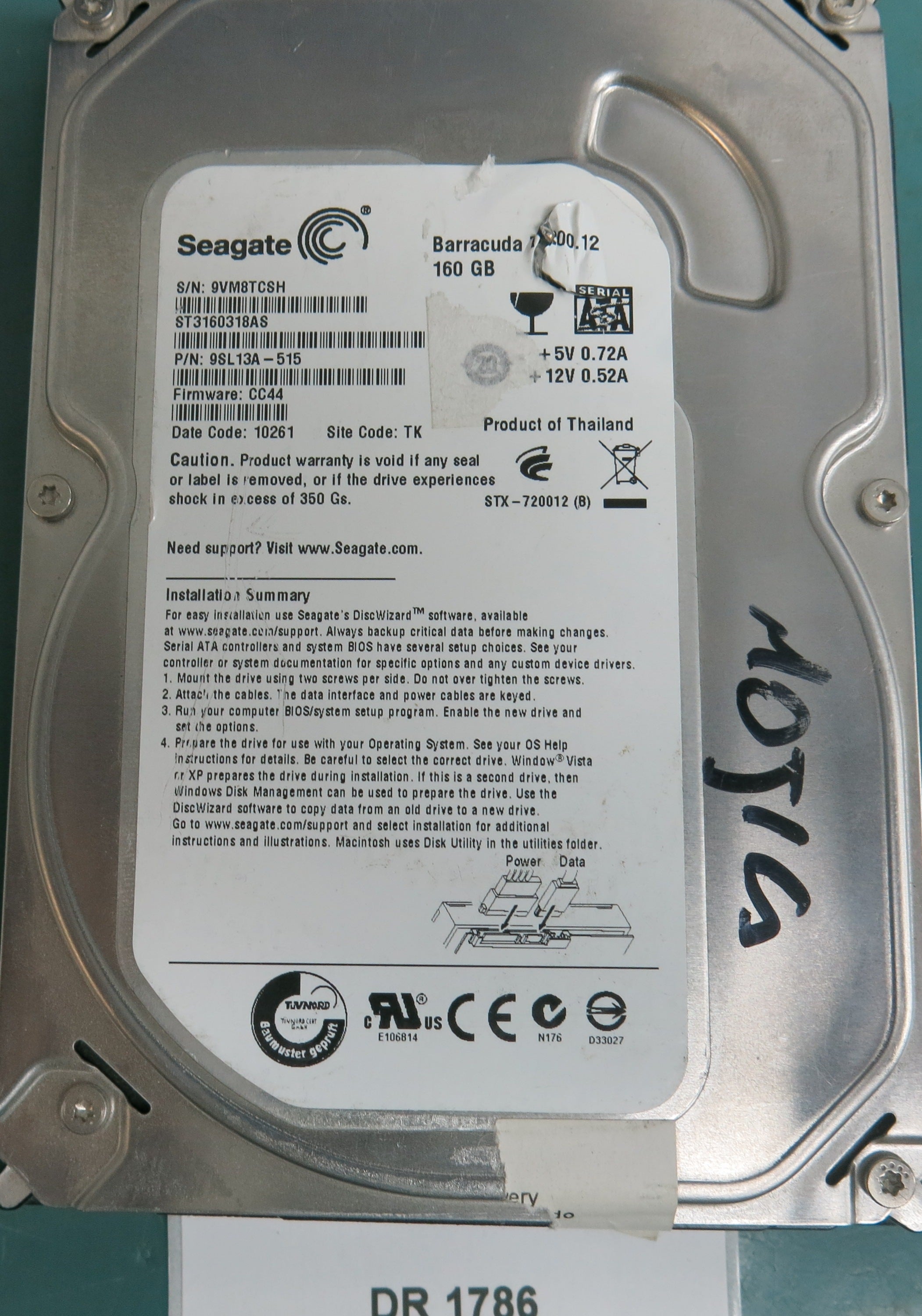 ST360318AS, P/N: 9SL13A-515, FW: CC44, Serial: 9VM8TCSH, 160GB 3.5