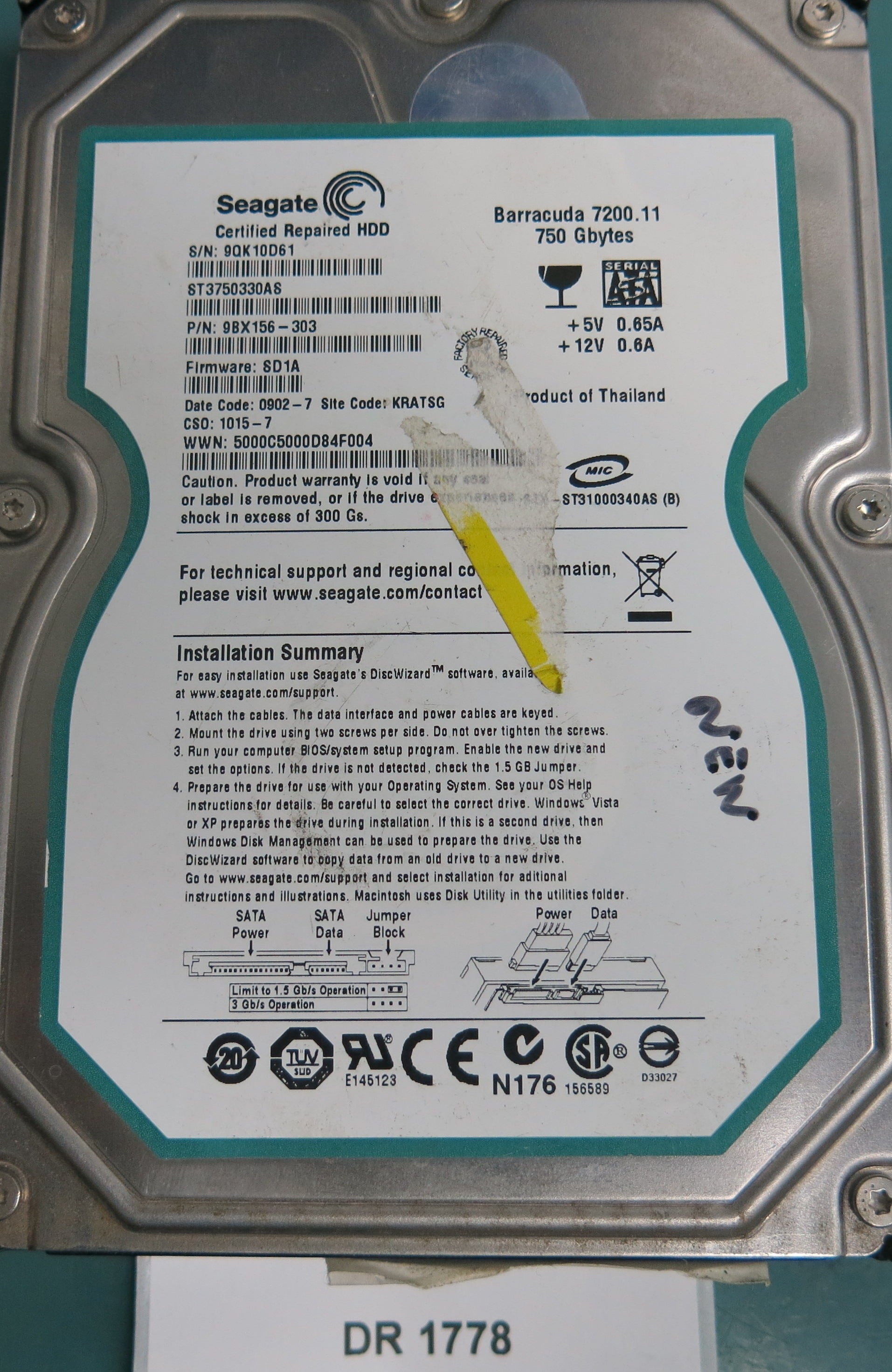 ST3750330AS, P/N: 9BX156-303, FW: SD1A, Serial: 9QK10D61, 750GB 3.5