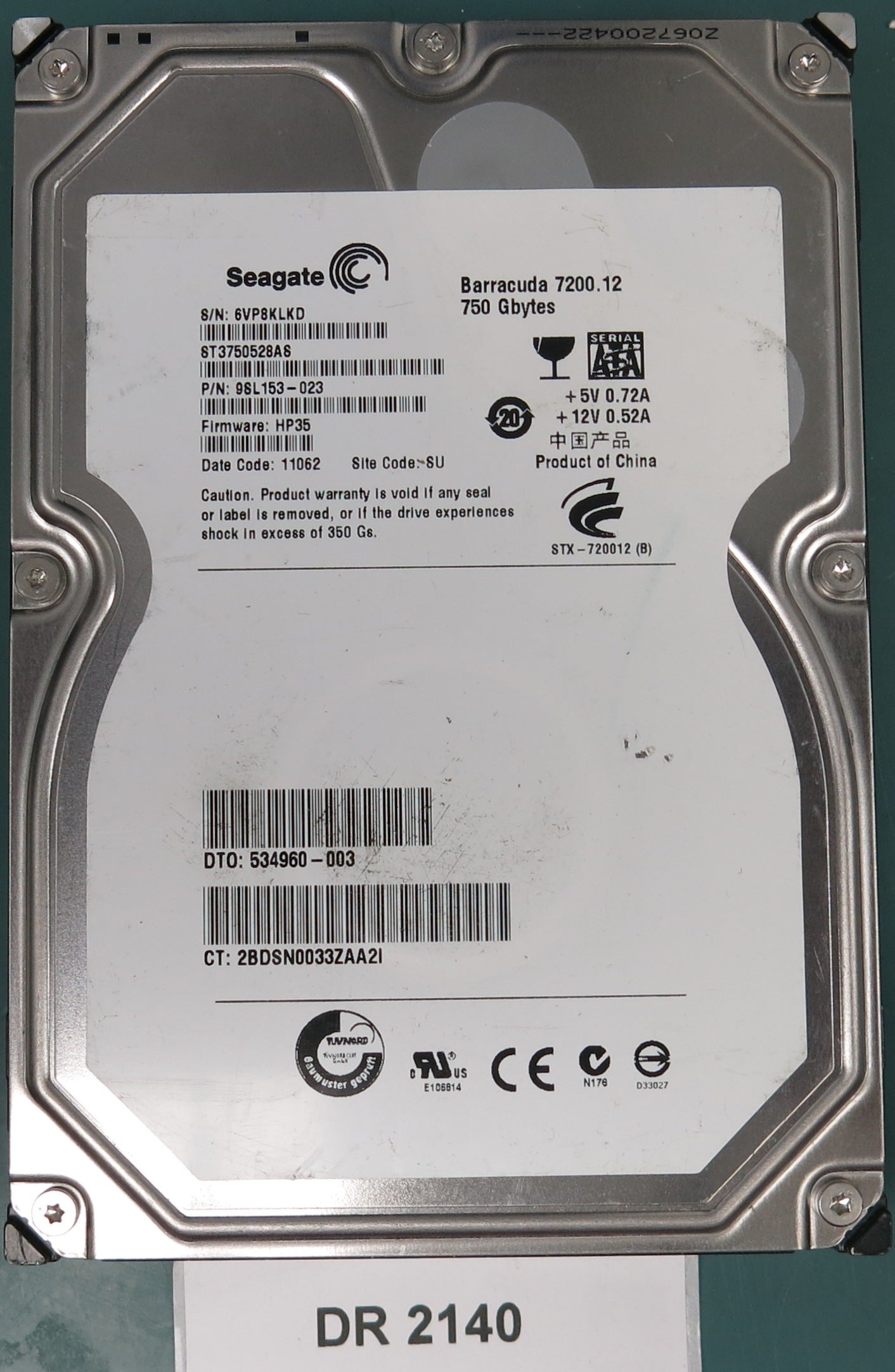 ST3750528AS, P/N: 9SL153-023, FW: HP35, Serial: 6VP8KLKD, 750GB 3.5, PCB: 100574451 REV A