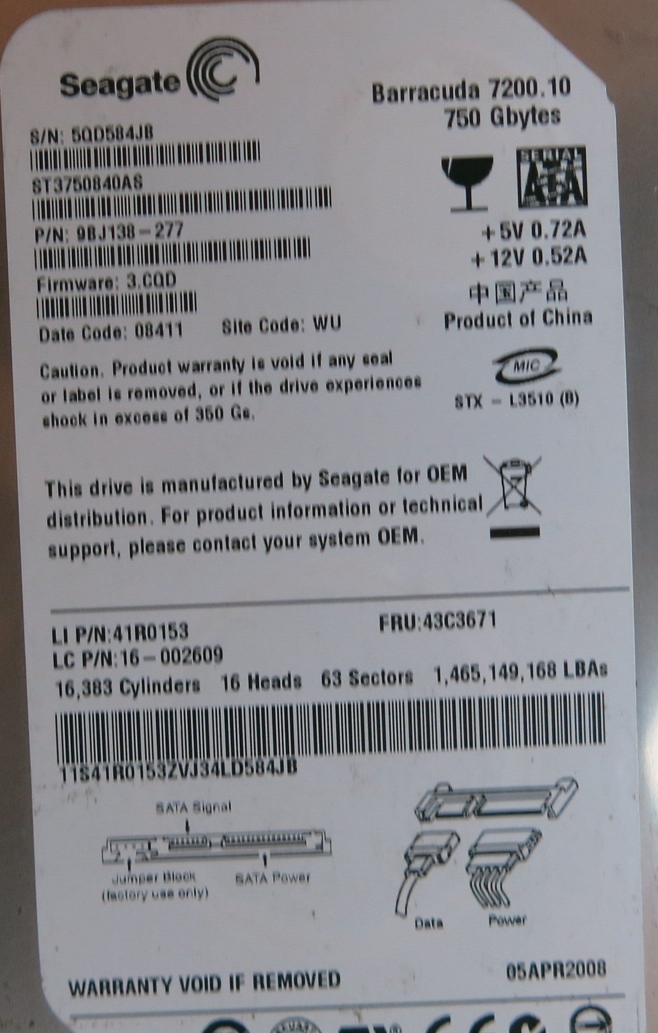 ST3750840AS FW 3.CQD 100406533 REVA PCB