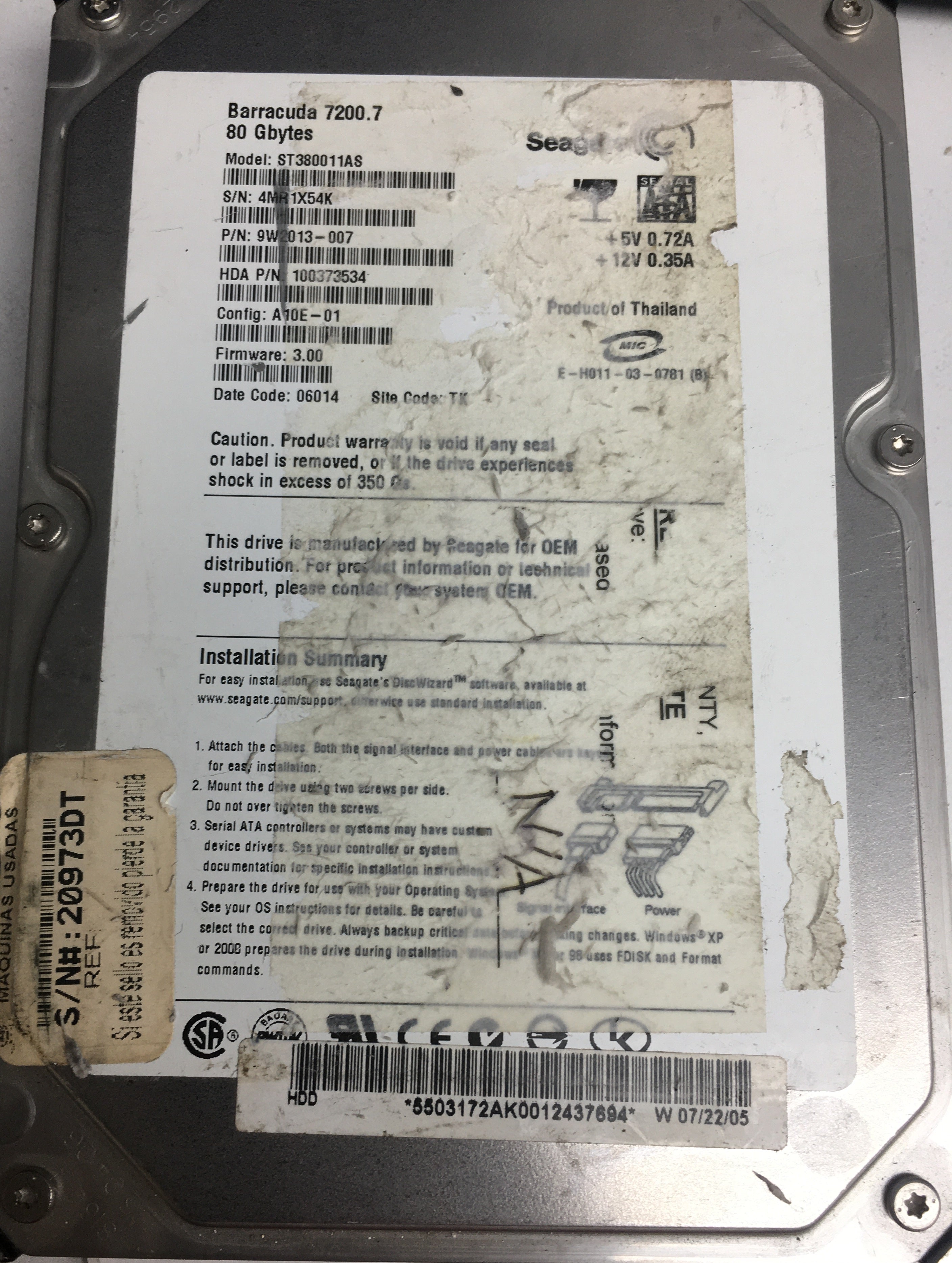 ST380011AS, P/N: 9W2013-007, FW: 3.00, Serial: 4MR7X54K, 80GB 3.5