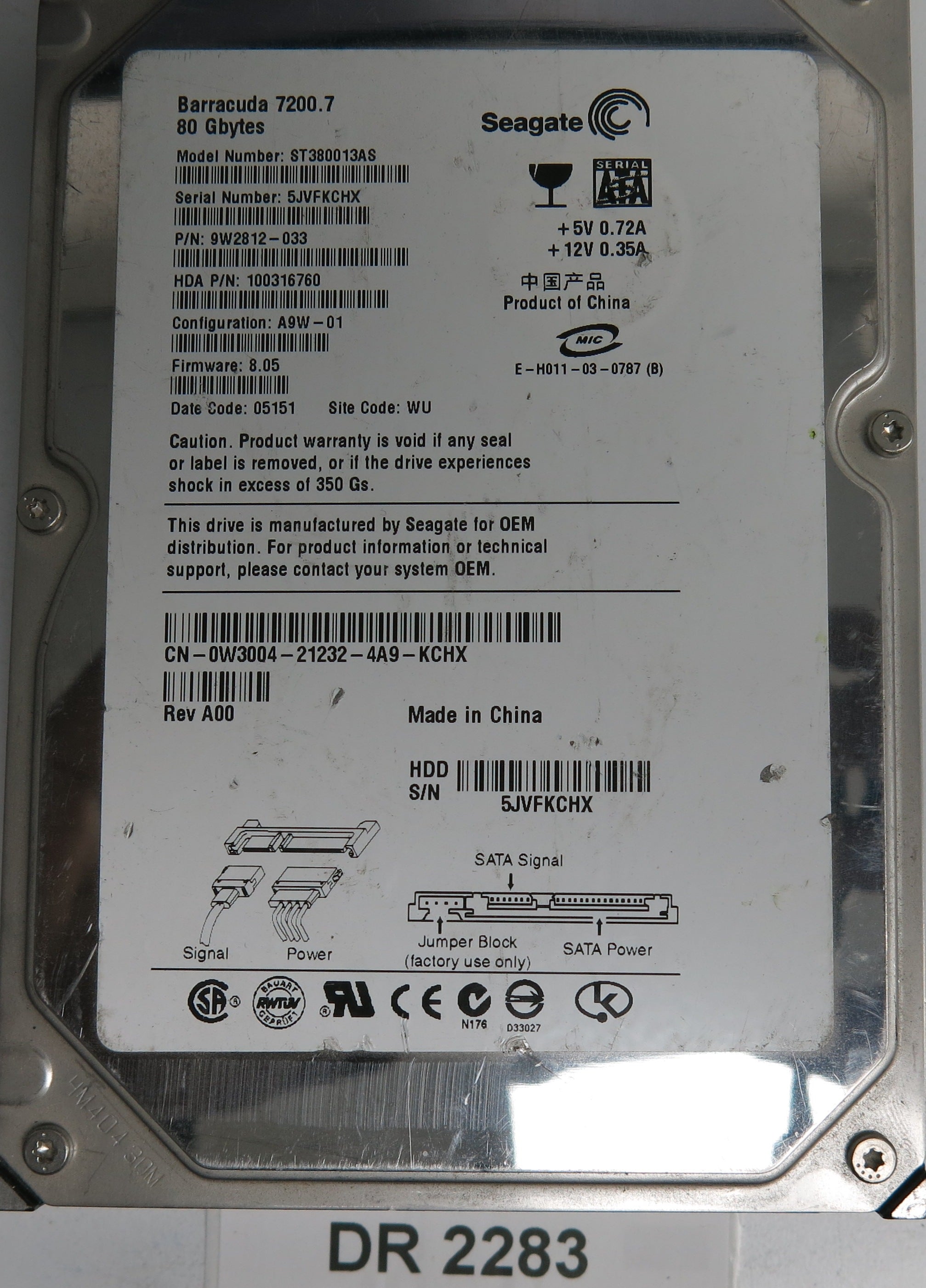 ST380013AS, P/N: 9W2812-033, FW: 8.05, Serial: 5JVFKCHX, 80GB 3.5, PCB: 100306336 REV A