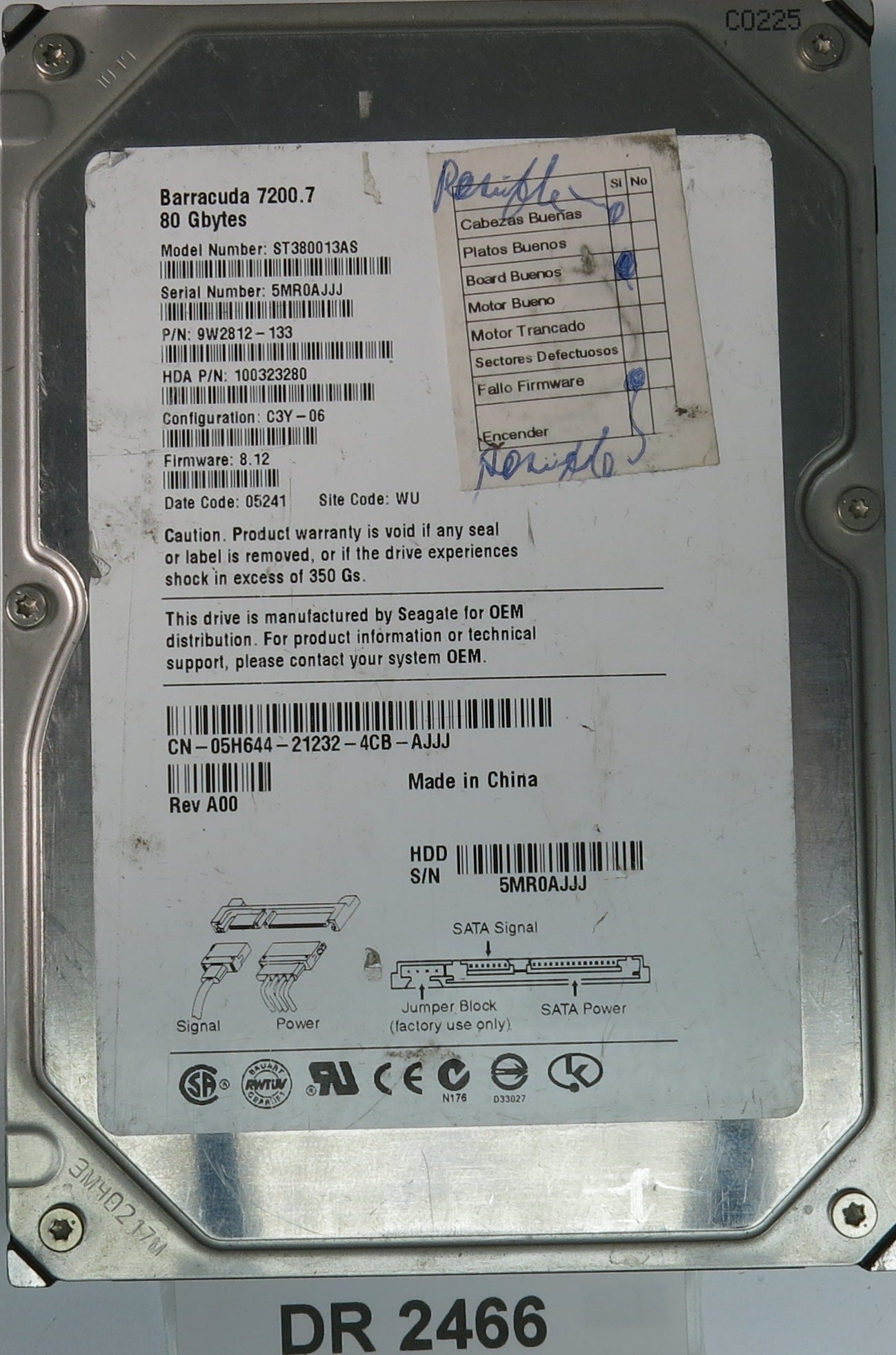 ST380013AS, P/N: 9W2812-133, FW: 8.12, Serial: 5MR0AJJJ, 80GB 3.5, PCB: 100336321 REV B