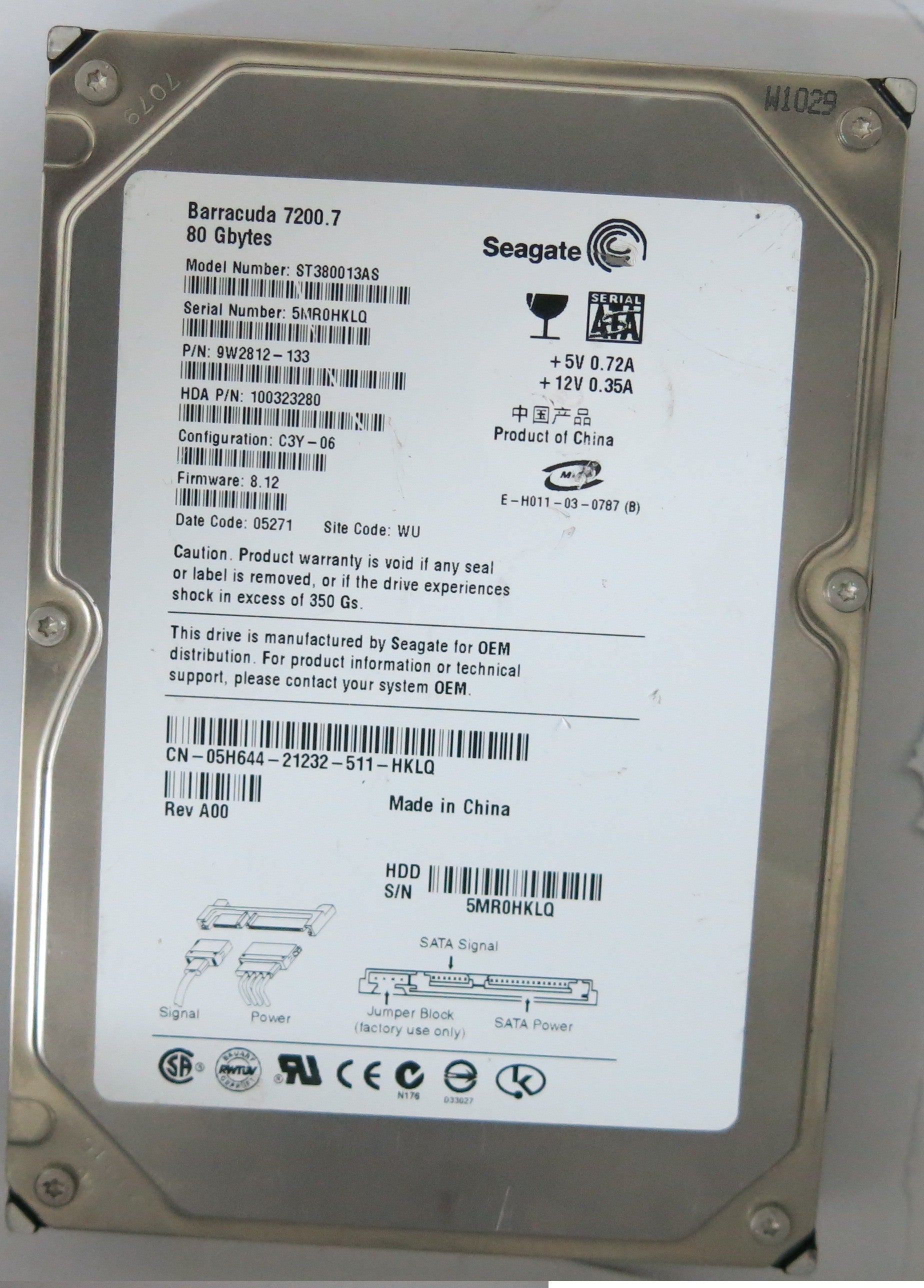 ST380013AS PCB: 100336321 REV AS SERIAL NUMBER: 5MR0HKLQ PN 9W2812-133 FW 8.12 80GB