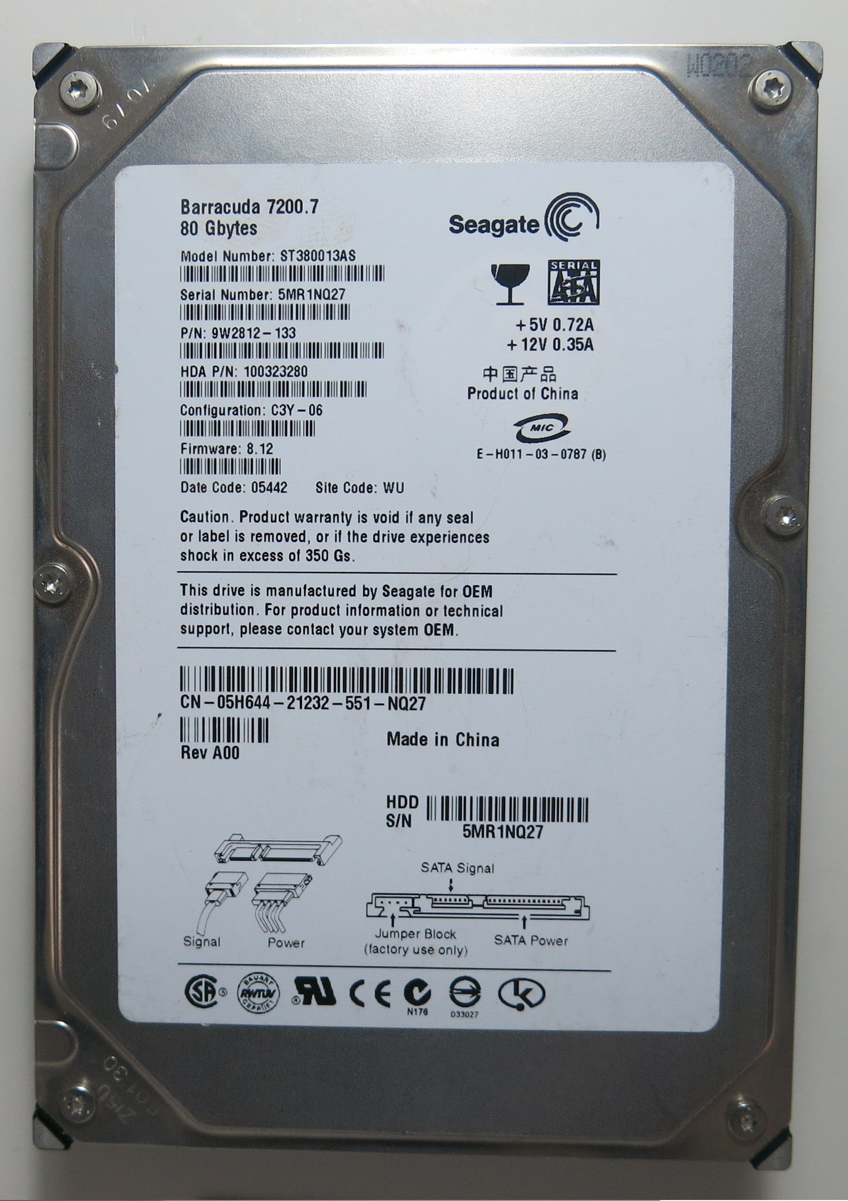 ST380013AS,  Serial:5MR1NQ27,  80GB 3.5,  PCB:100336321- REV A