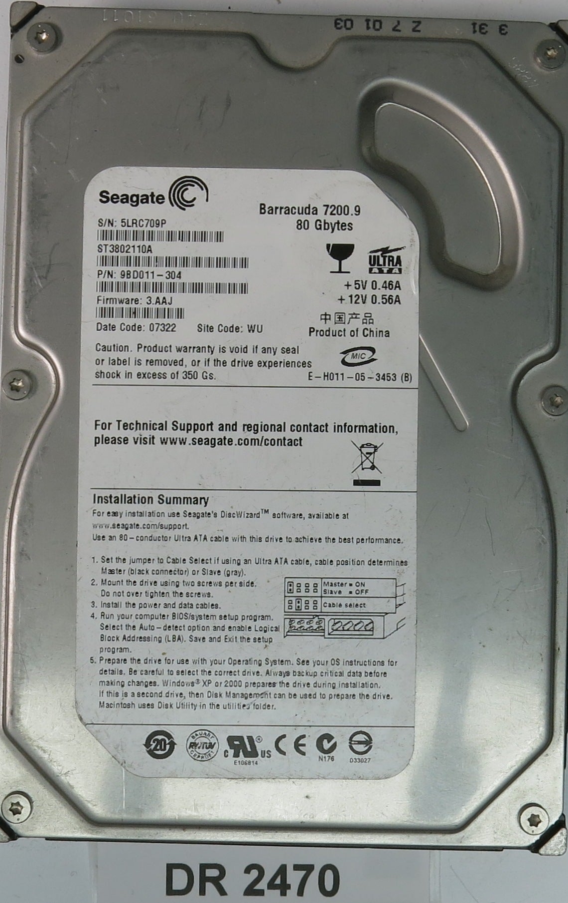 ST3802110A, P/N: 9BD011-304, FW: 3.AAJ, Serial: 5LRC709P, 50GB 3.5, PCB: 100389148 REV A
