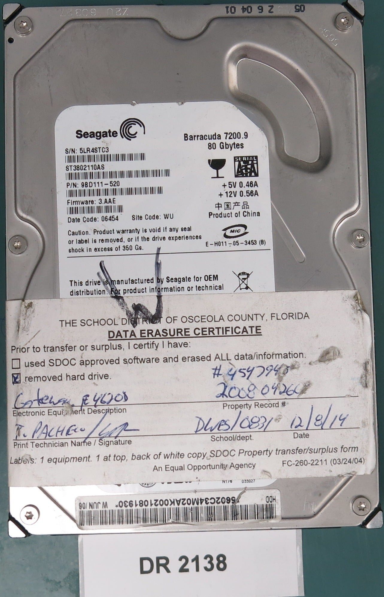 ST3802110AS, P/N: 9BD111-520, FW: 3.AAE, Serial: 5LR4STC3, 80GB 3.5, PCB: 100355589 REV C