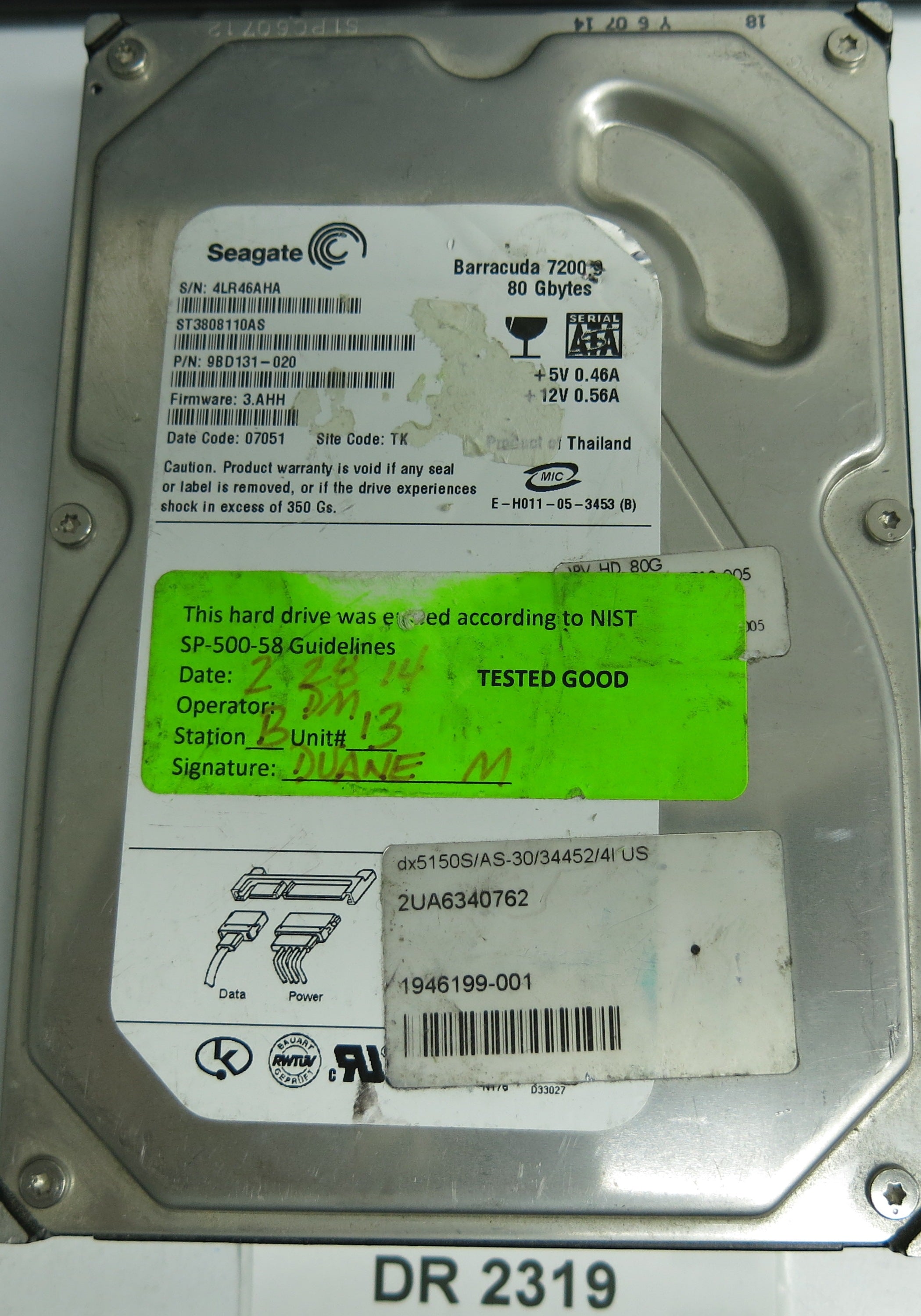 ST3808110AS, P/N: 9BD131-020, FW: 3.AHH, Serial: 4LR46AHA, 80GB 3.5, PCB: 100387575 REV D