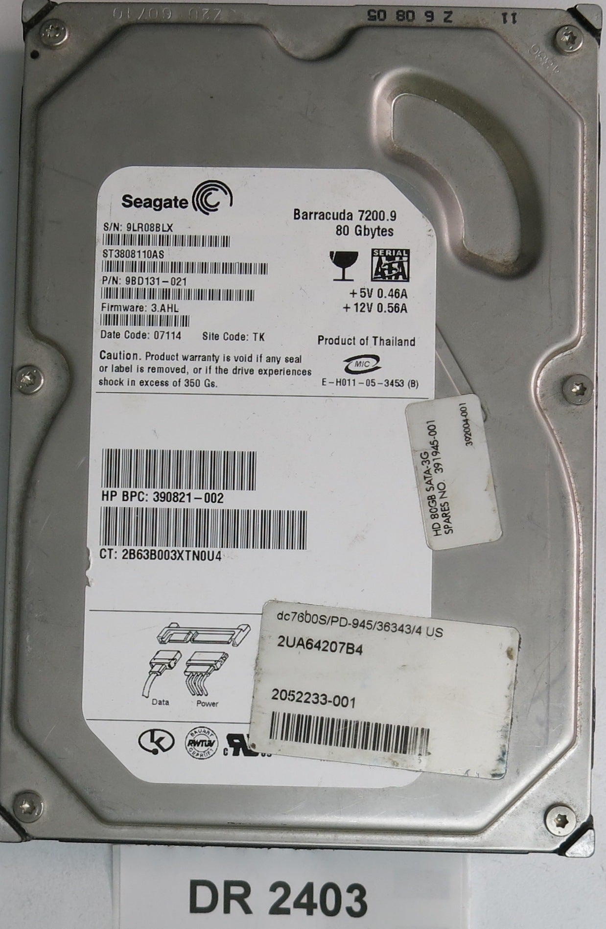 ST3808110AS, P/N: 9BD131-021, FW: 3.AHL, Serial: 9LR08BLX, 80GB 3.5, PCB:100387575 REV D