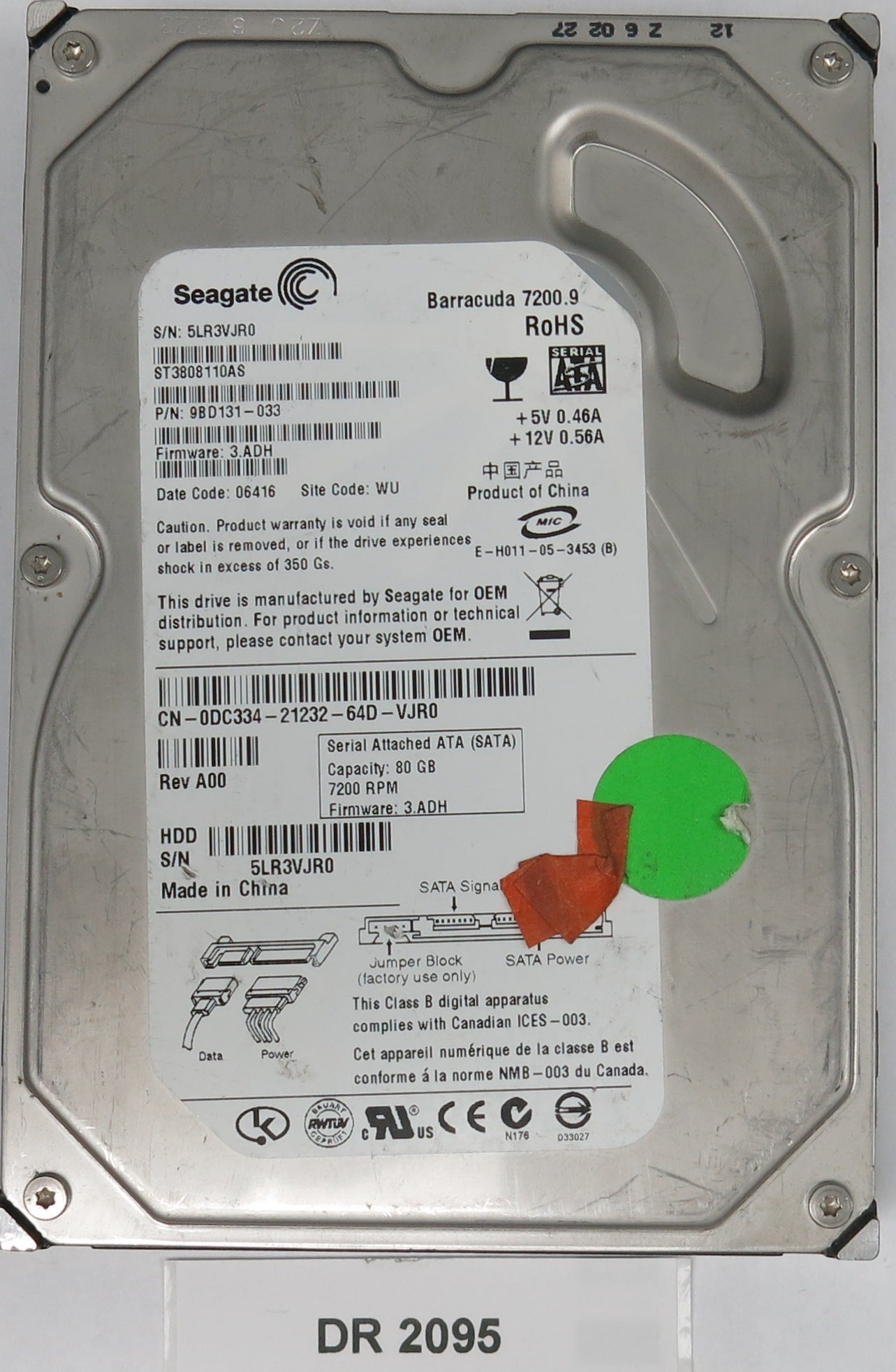 ST3808110AS, P/N: 9BD131-033, FW: 3.ADH, Serial: 5LR3VJR0, 80GB 3.5, PCB: 100387575 REV C