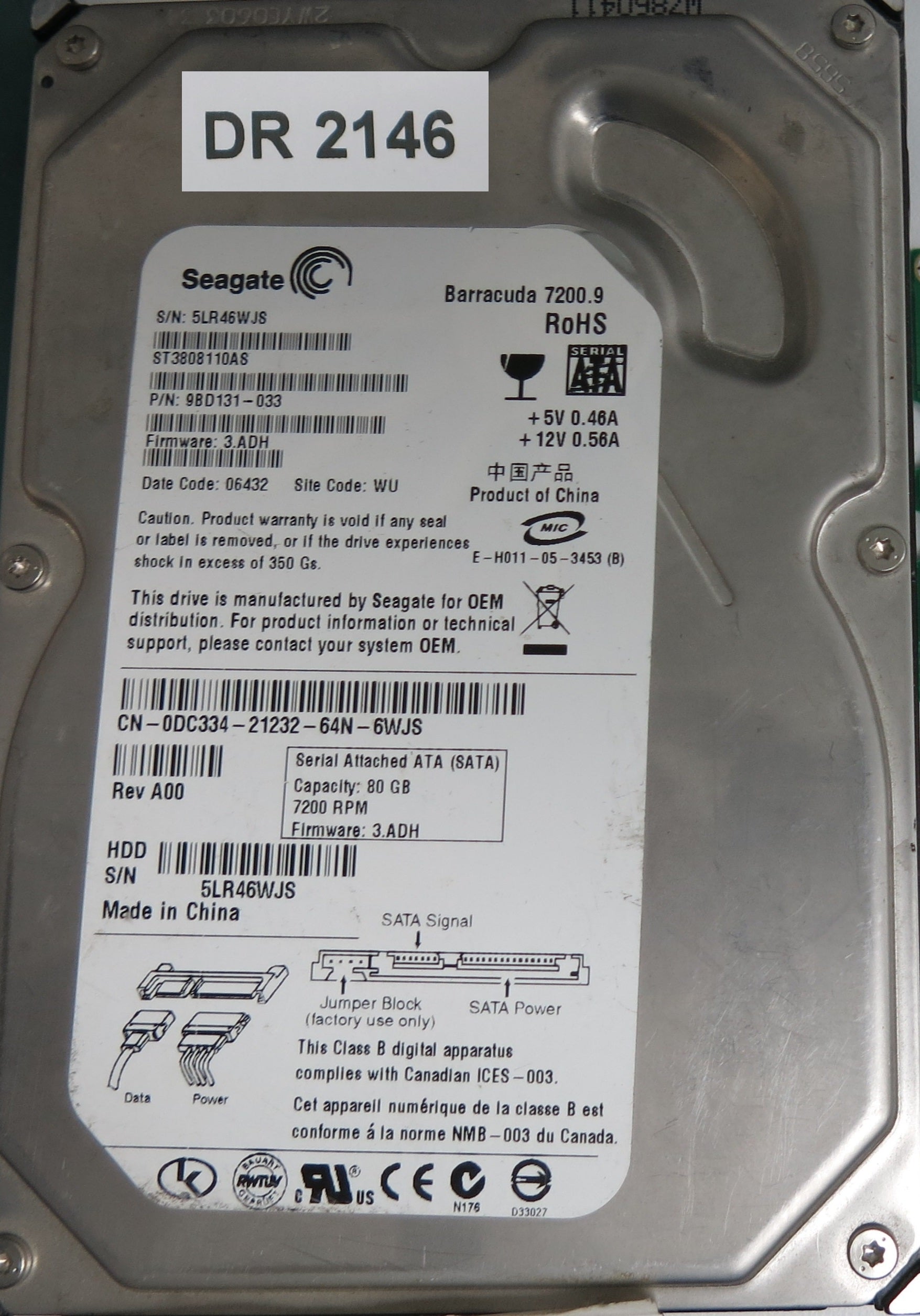 ST3808110AS, P/N: 9BD131-033, FW: 3.ADH, Serial: 5LR46WJS, 80GB 3.5,  PCB:100387575  REV C