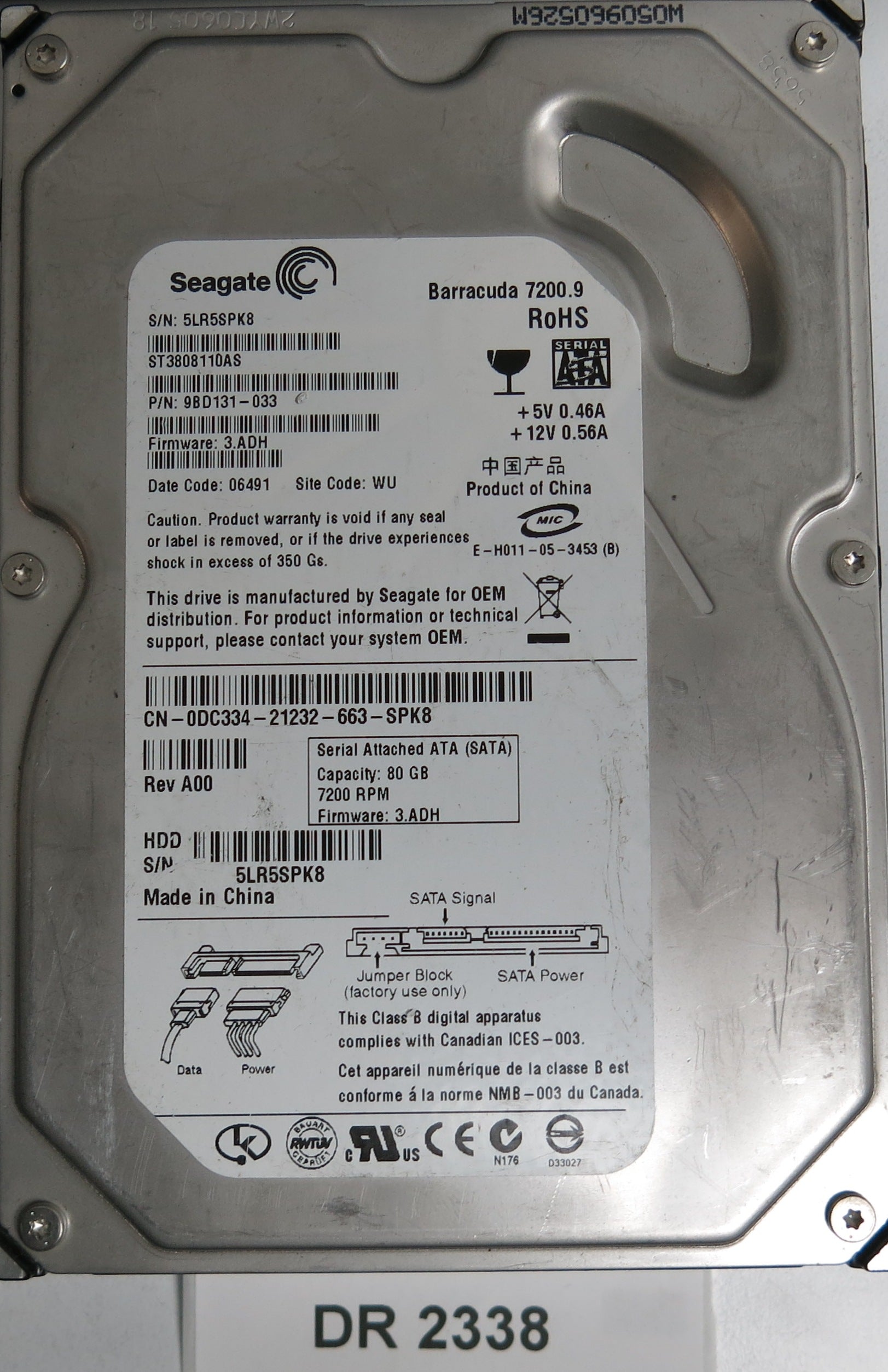 ST3808110AS, P/N: 9BD131-033, FW: 3.ADH, Serial: 5LR5SPK8, 80GB 3.5