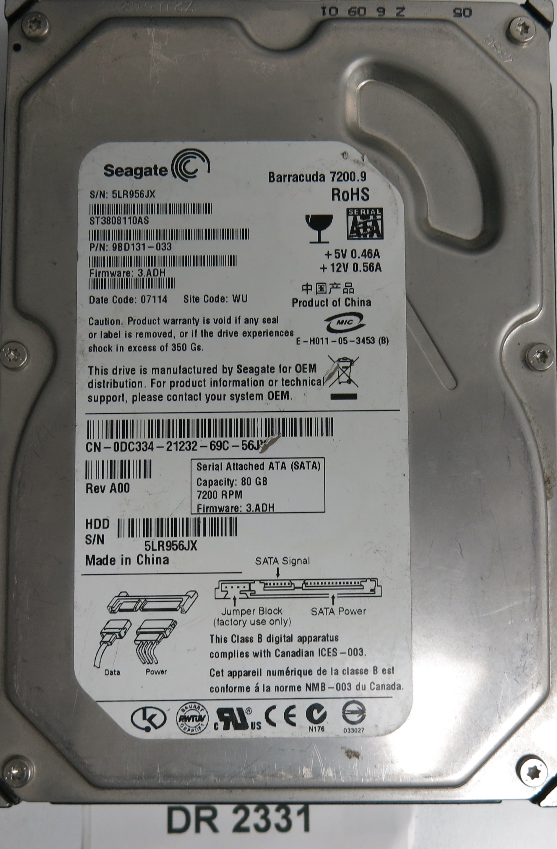 ST3808110AS,  P/N: 9BD131-033,  FW: 3.ADH,  Serial: 5LR956JX,  80GB 3.5