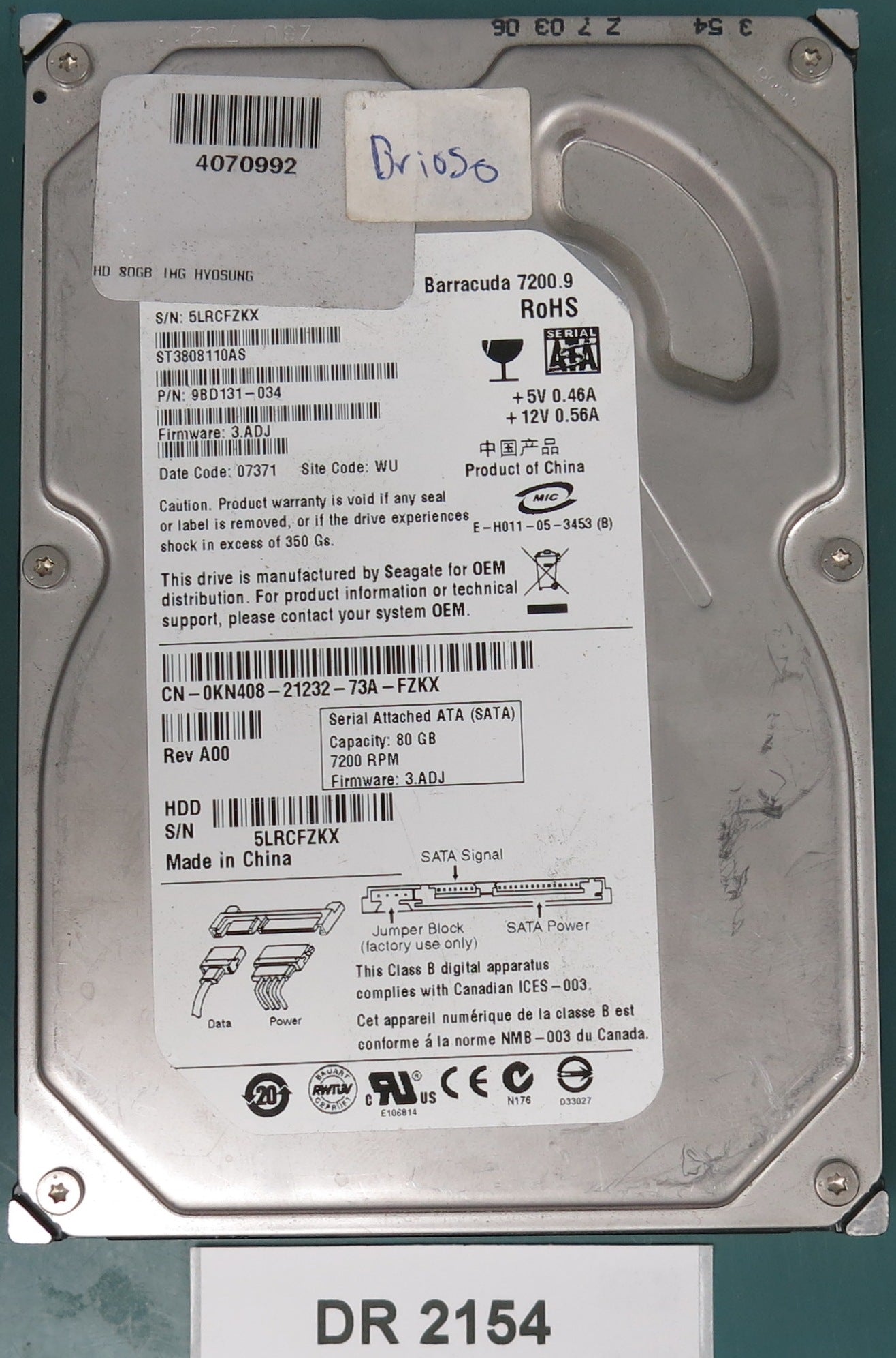 ST3808110AS, P/N: 9BD131-034, FW: 3.ADJ, Serial: 5LRCFZKX, 80GB 3.5, PCB: 100387575 REV D