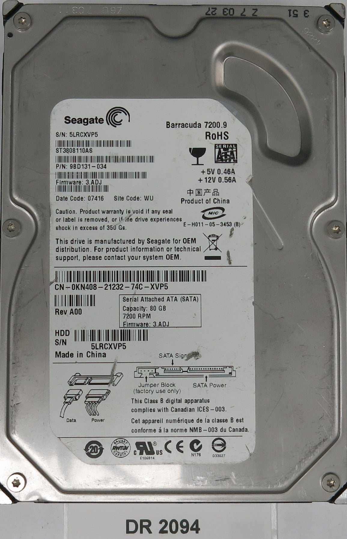 ST3808110AS, P/N: 9BD131-034, FW: 3.ADJ, Serial: 5LRCXVP5, 80GB 3.5, PCB: 100387575 REV D