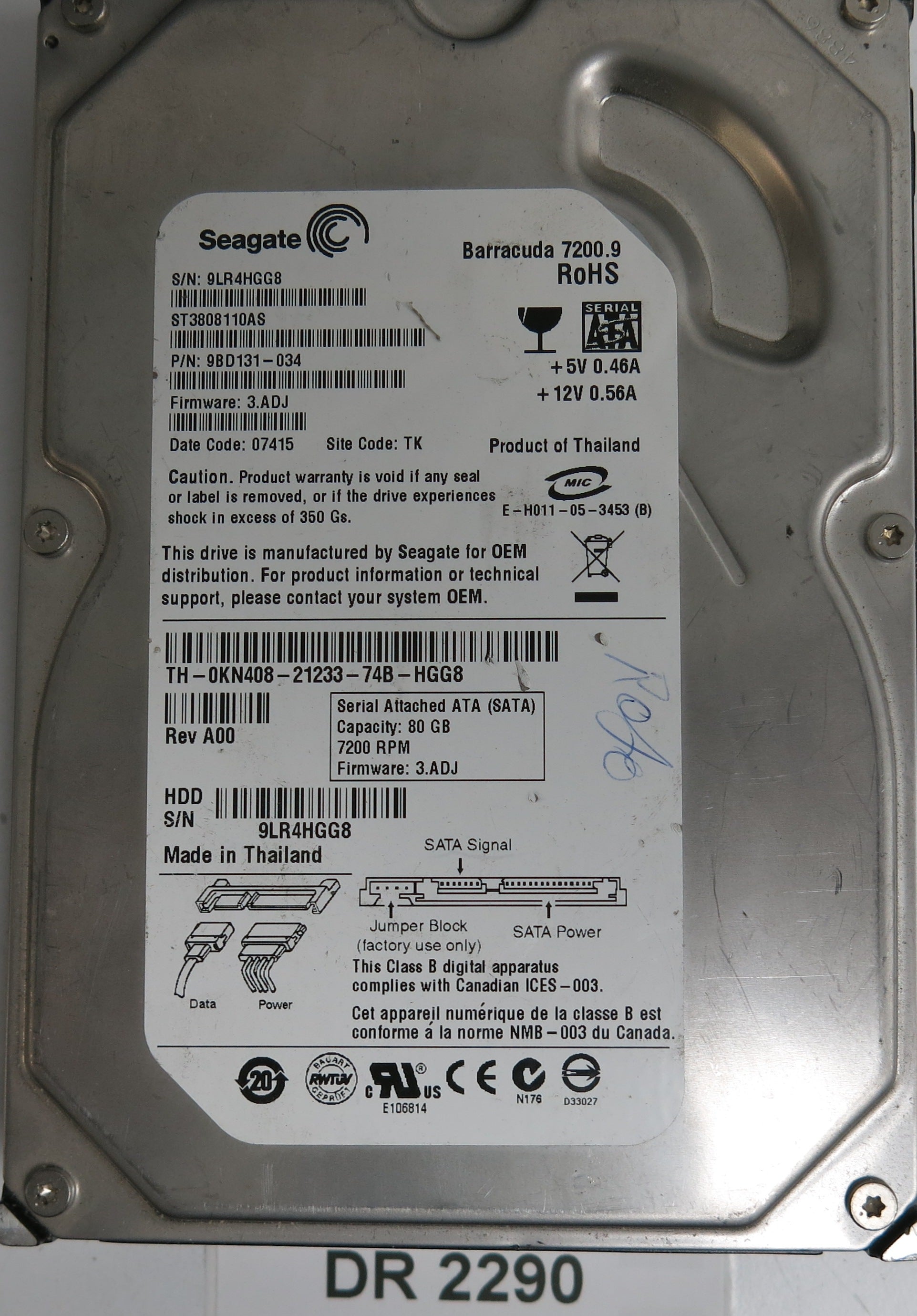 ST3808110AS, P/N: 9BD131-034, FW: 3.ADJ, Serial: 9LR4HGG8, 80GB 3.5, PCB: 100387575 REV D